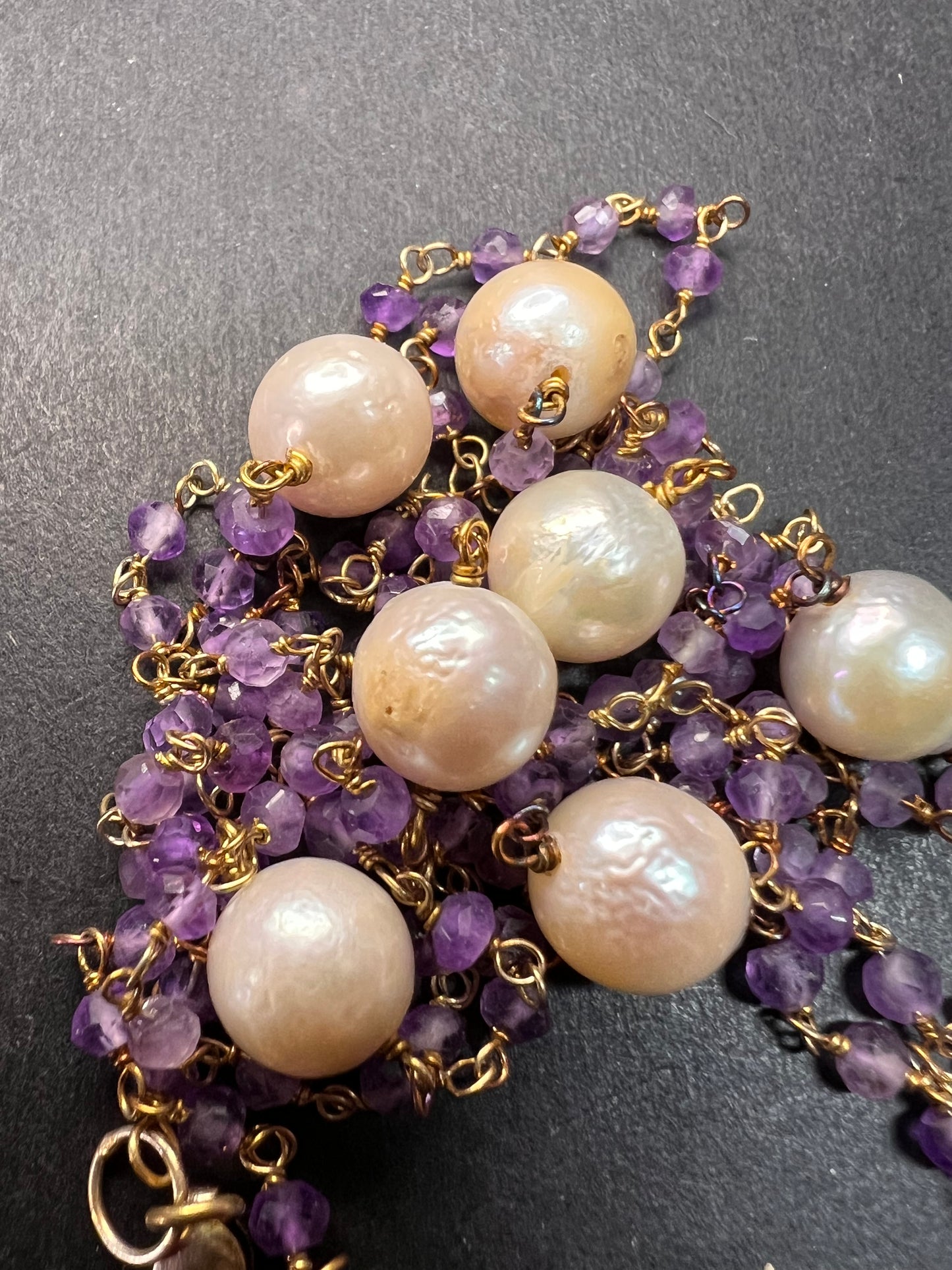Amethyst and pearl 30 inch station necklace in sterling silver
