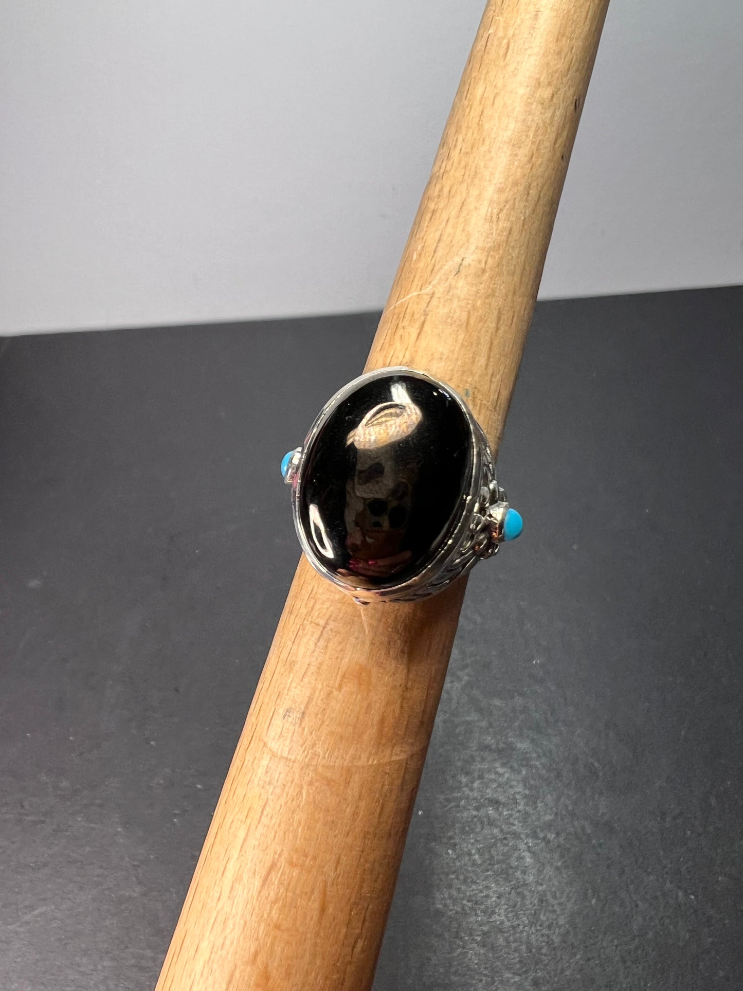 Elite shungite and sleeping beauty turquoise southwest style feather ring in sterling silver size 7 *NEW*