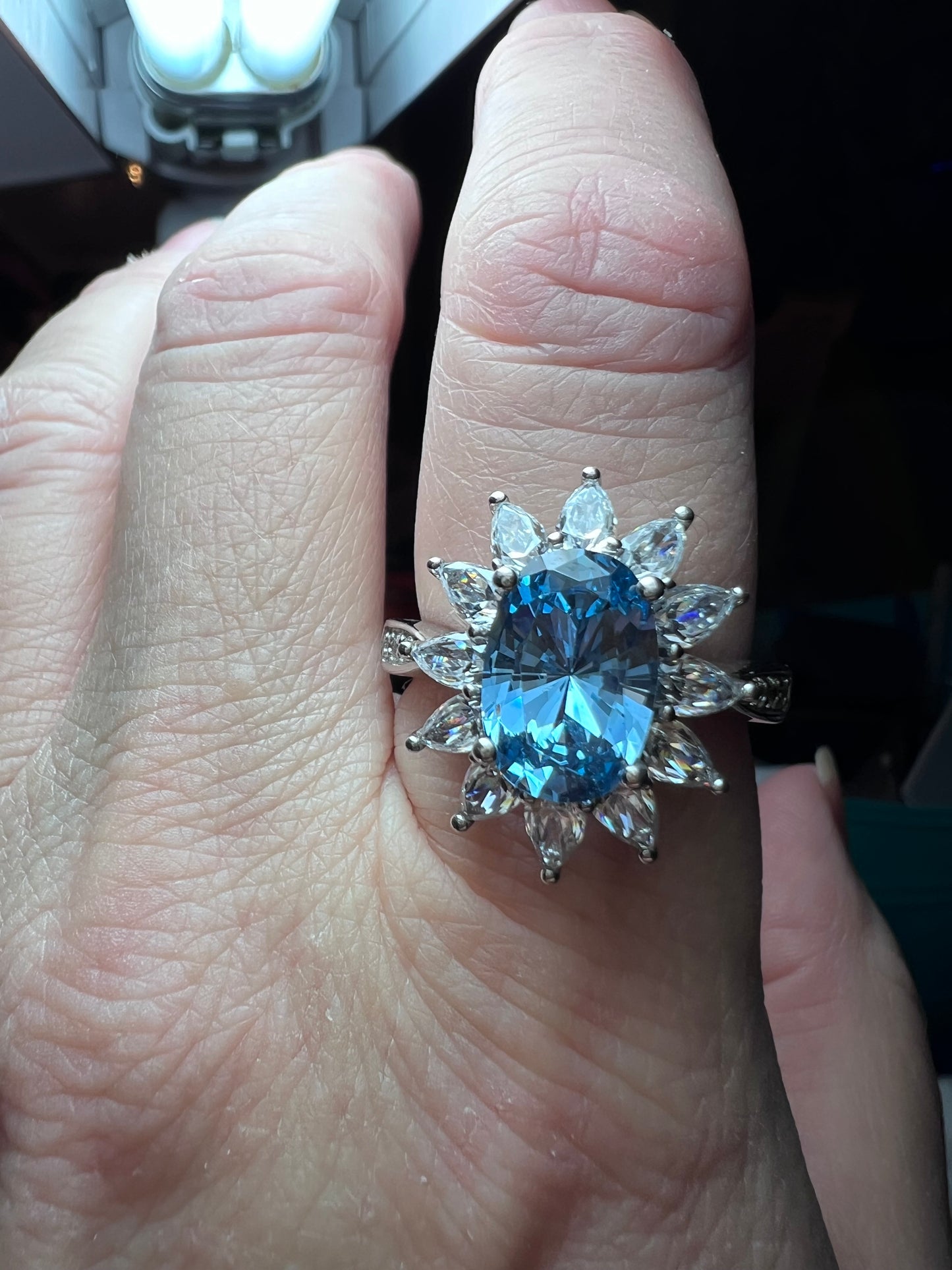 Blue lab spinel and white CZ rhodium over sterling ring size 10