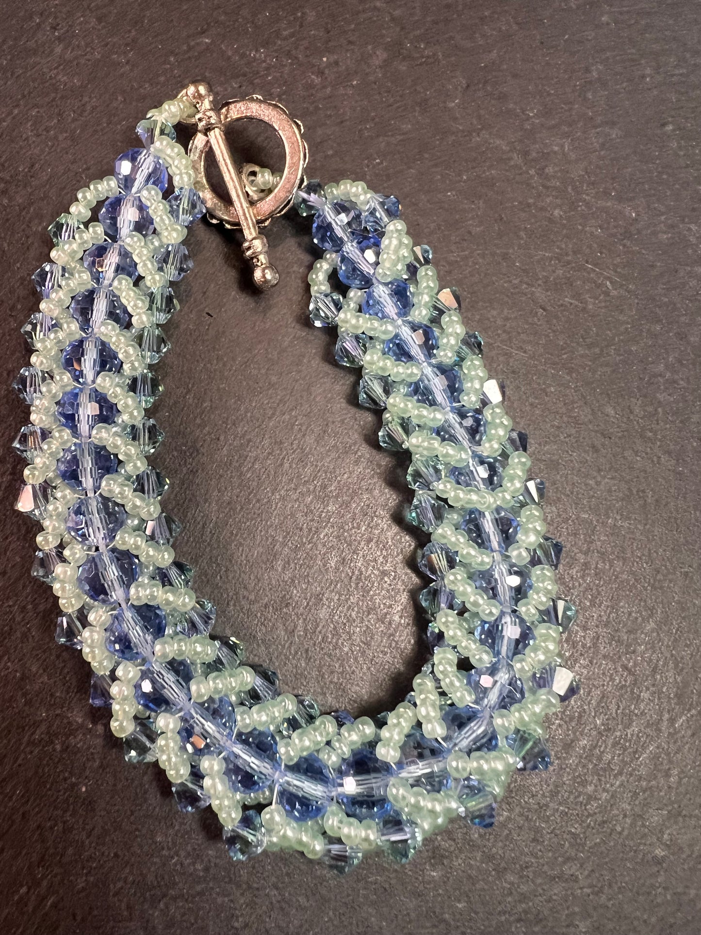Vintage Blue & Green Crystal Beaded Chevron Braid Toggle Bracelet Y2K