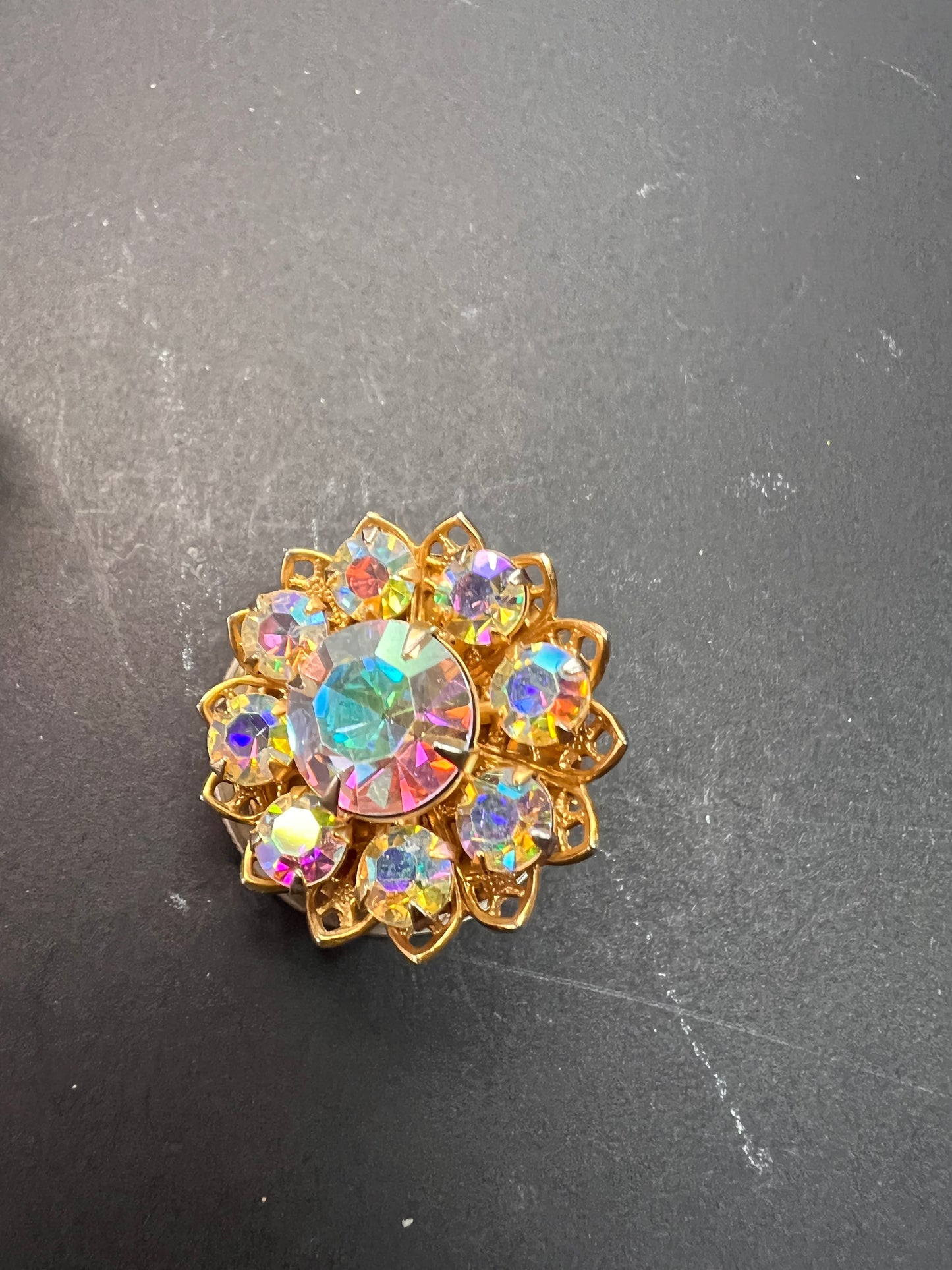 Vintage AB Rhinestone Floral Clip-On Earrings | Mid-Century Costume