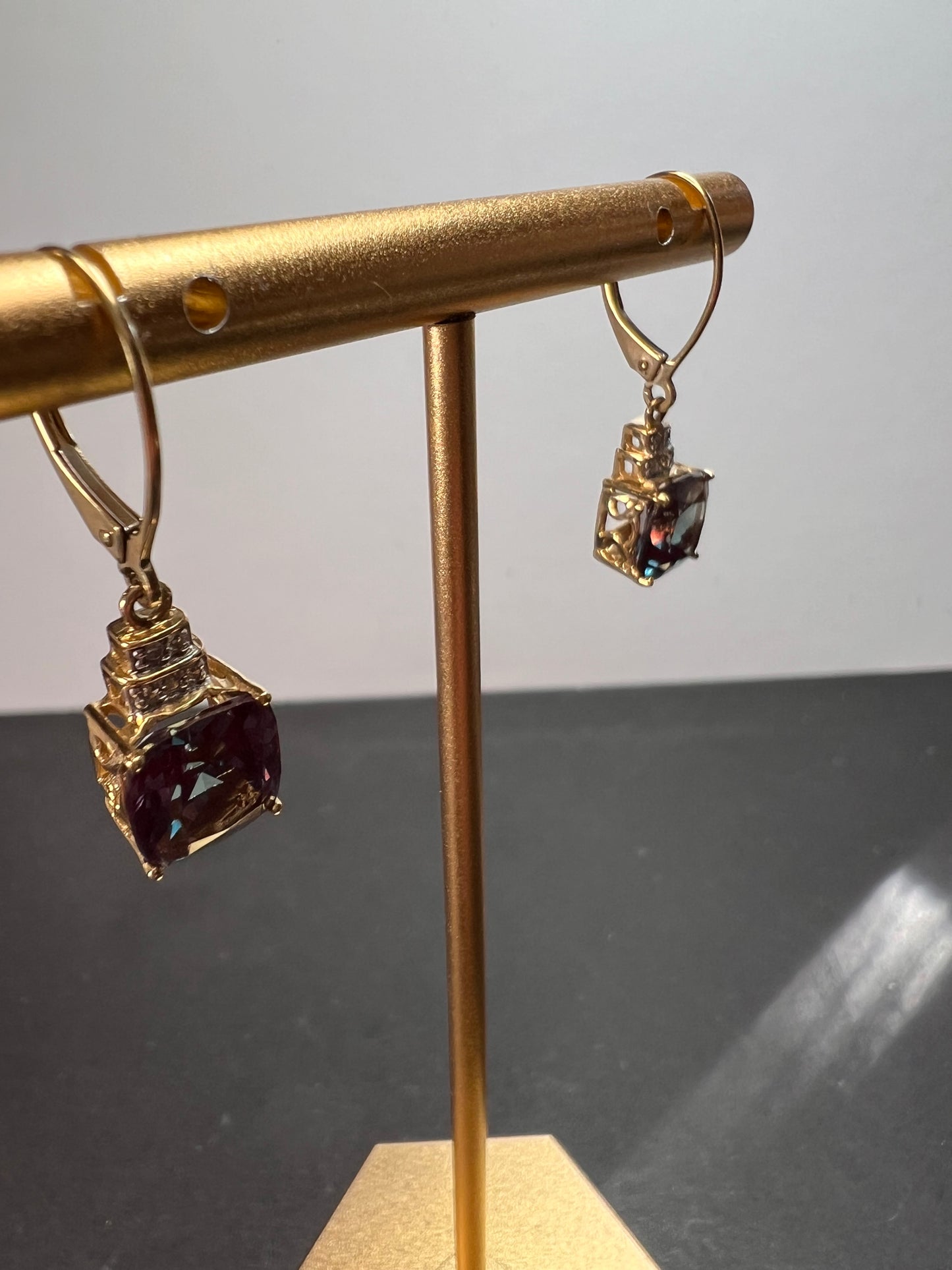 10k gold Lab alexandrite and diamond lever back earrings