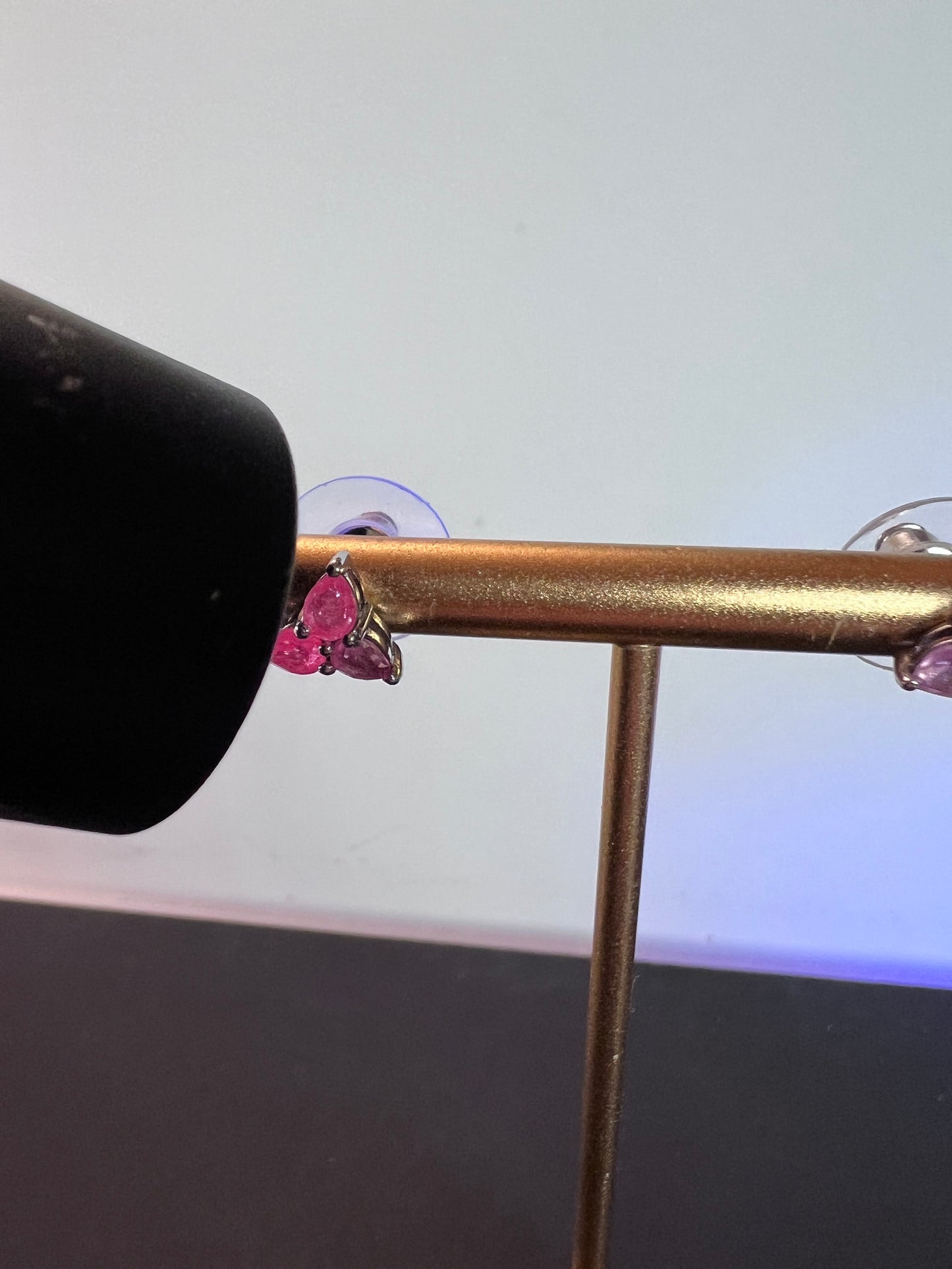 Pink sapphire triple stone sterling silver stud earrings