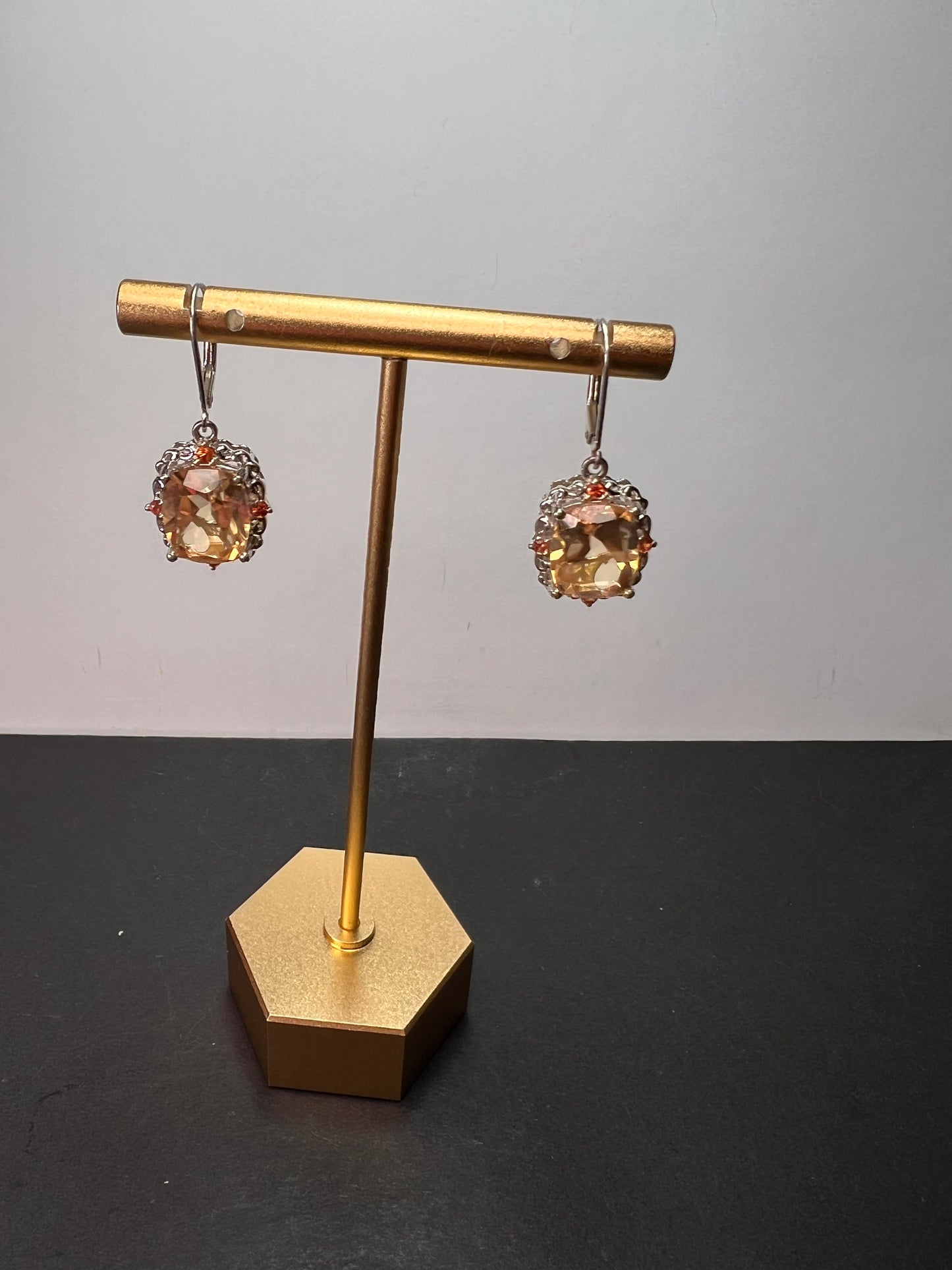 Morganite quartz and orange spinel sterling silver lever back earrings OOP