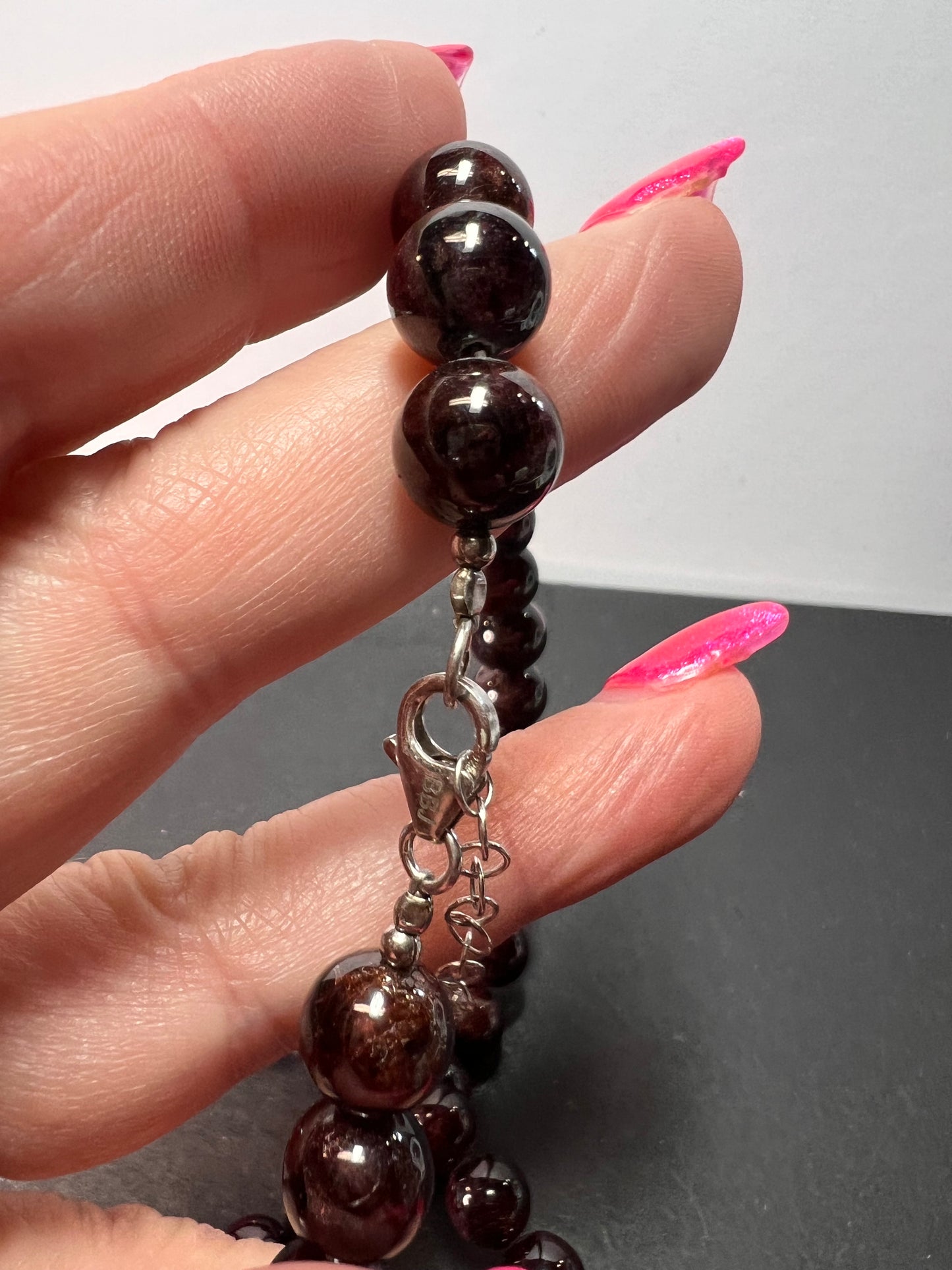 Garnet beaded necklace with sterling silver clasp