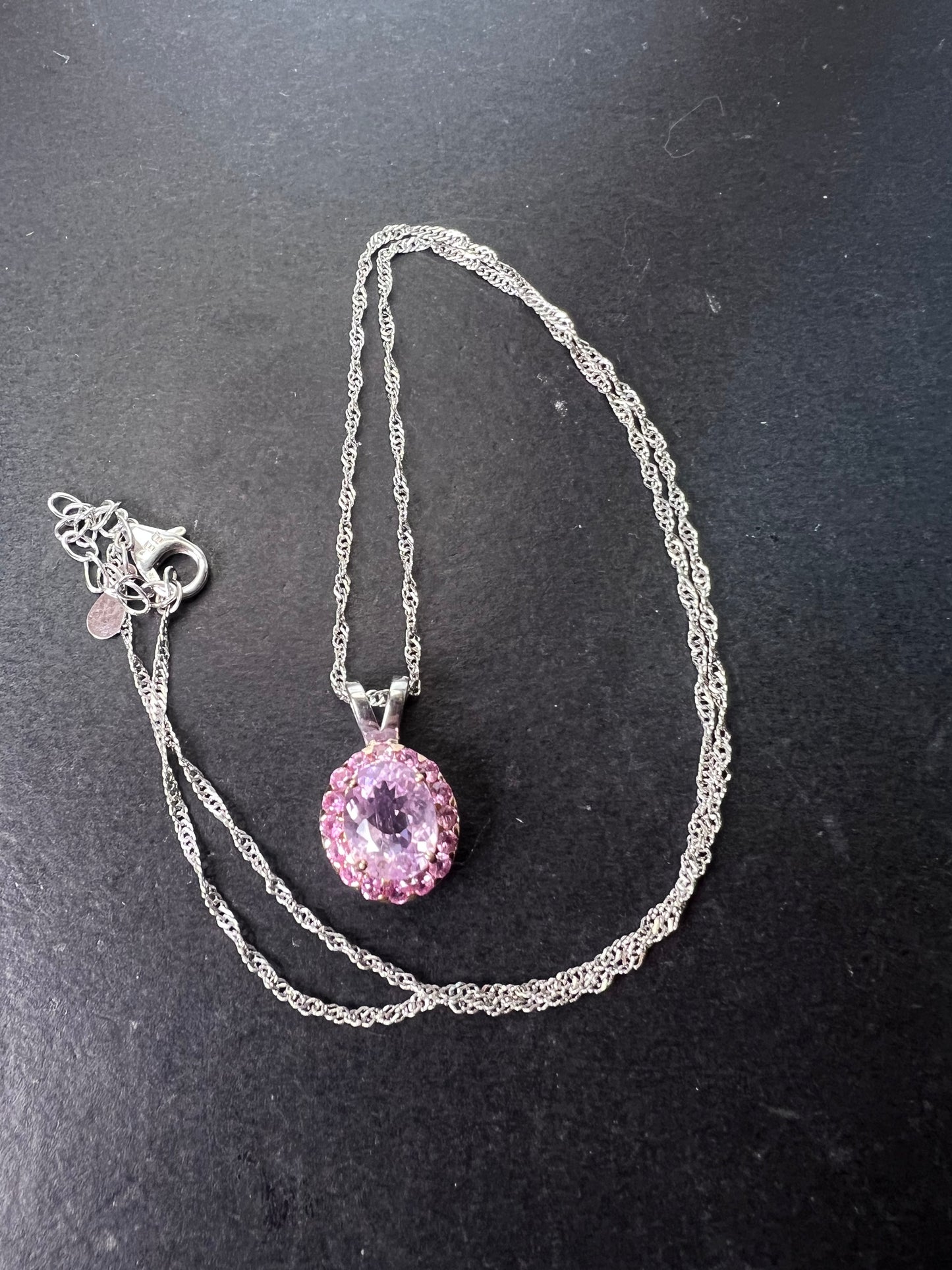 Kunzite and pink sapphire halo pendant necklace in sterling silver