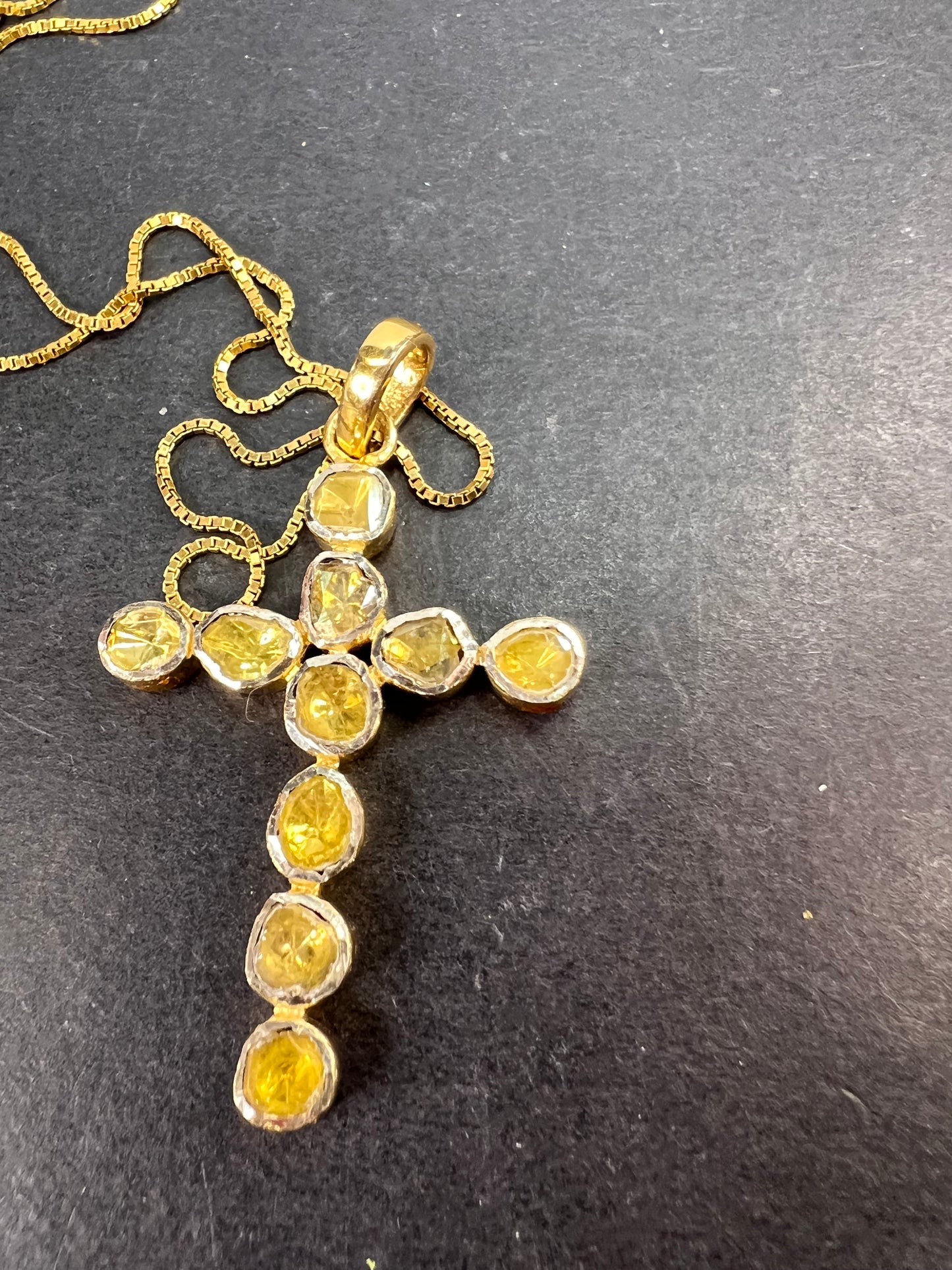 Yellow polki diamond cross pendant and chain in gold over sterling silver