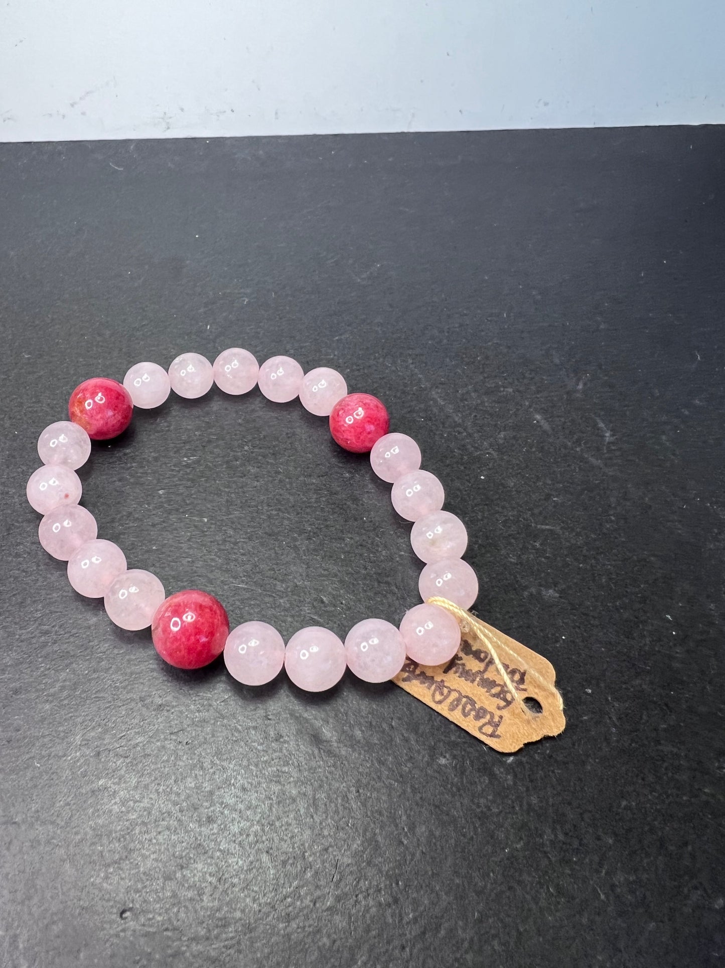 Rose quartz and gemmy rhodonite stretch cord 7 inch bracelet