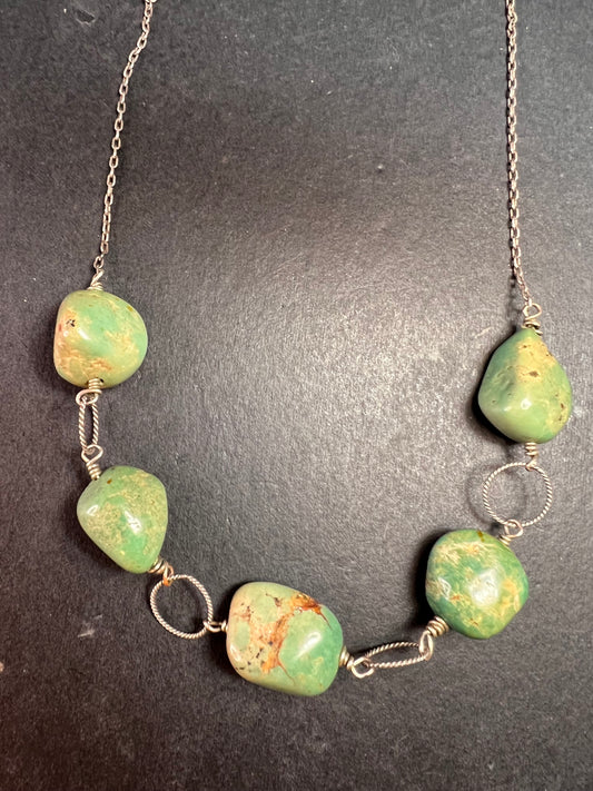 Vintage artisan made turquoise station necklace with sterling silver