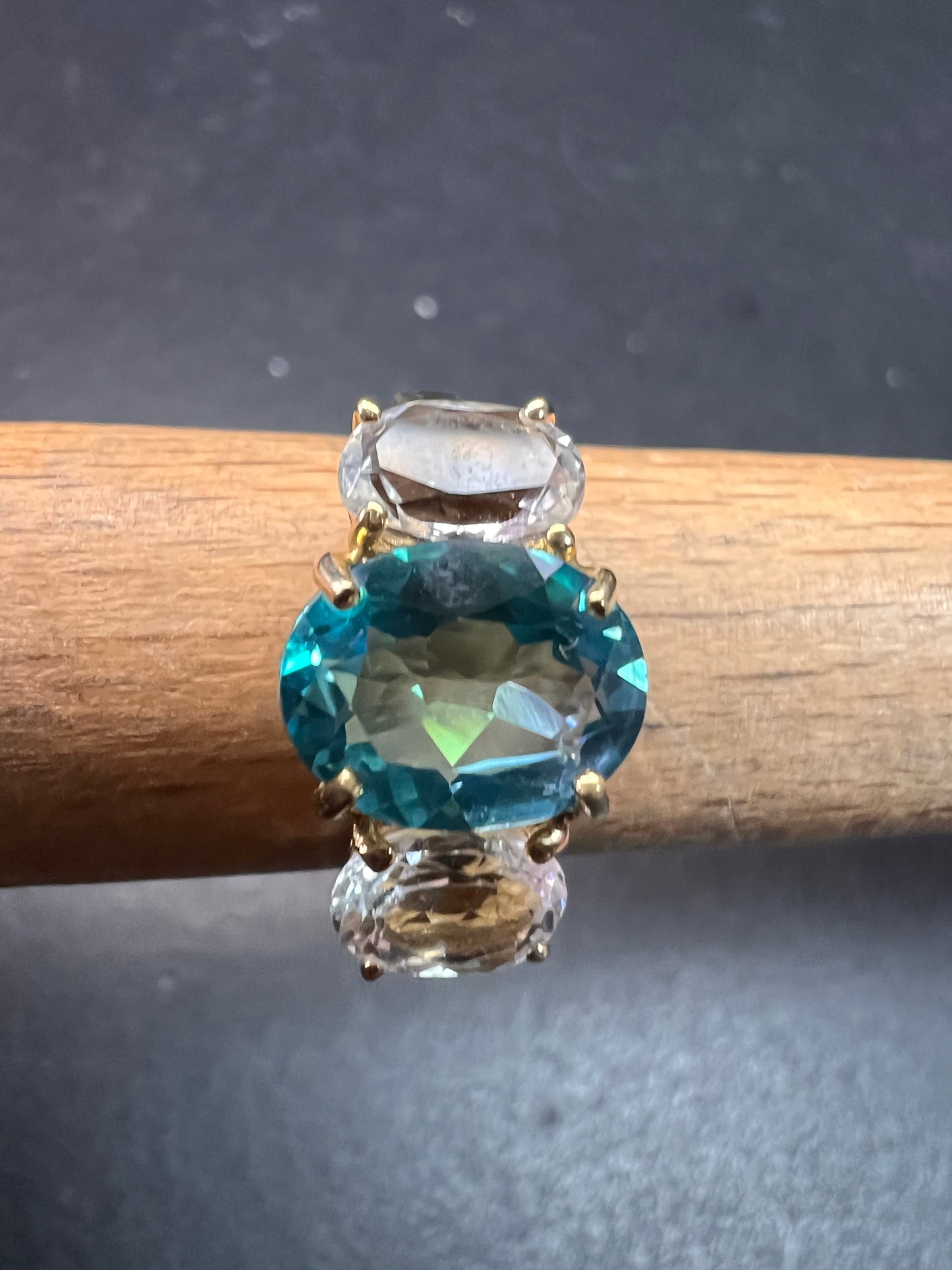 Vintage 10K Yellow Gold Blue Topaz & White Topaz Three-Stone Ring – Size 7