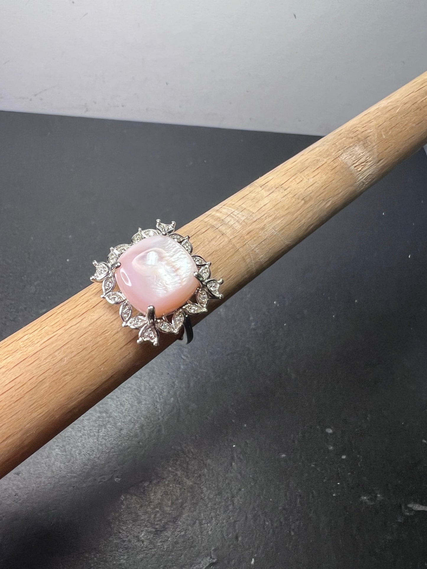 Pink Mother-of-Pearl With White Zircon Rhodium Over Sterling Silver Ring size 8