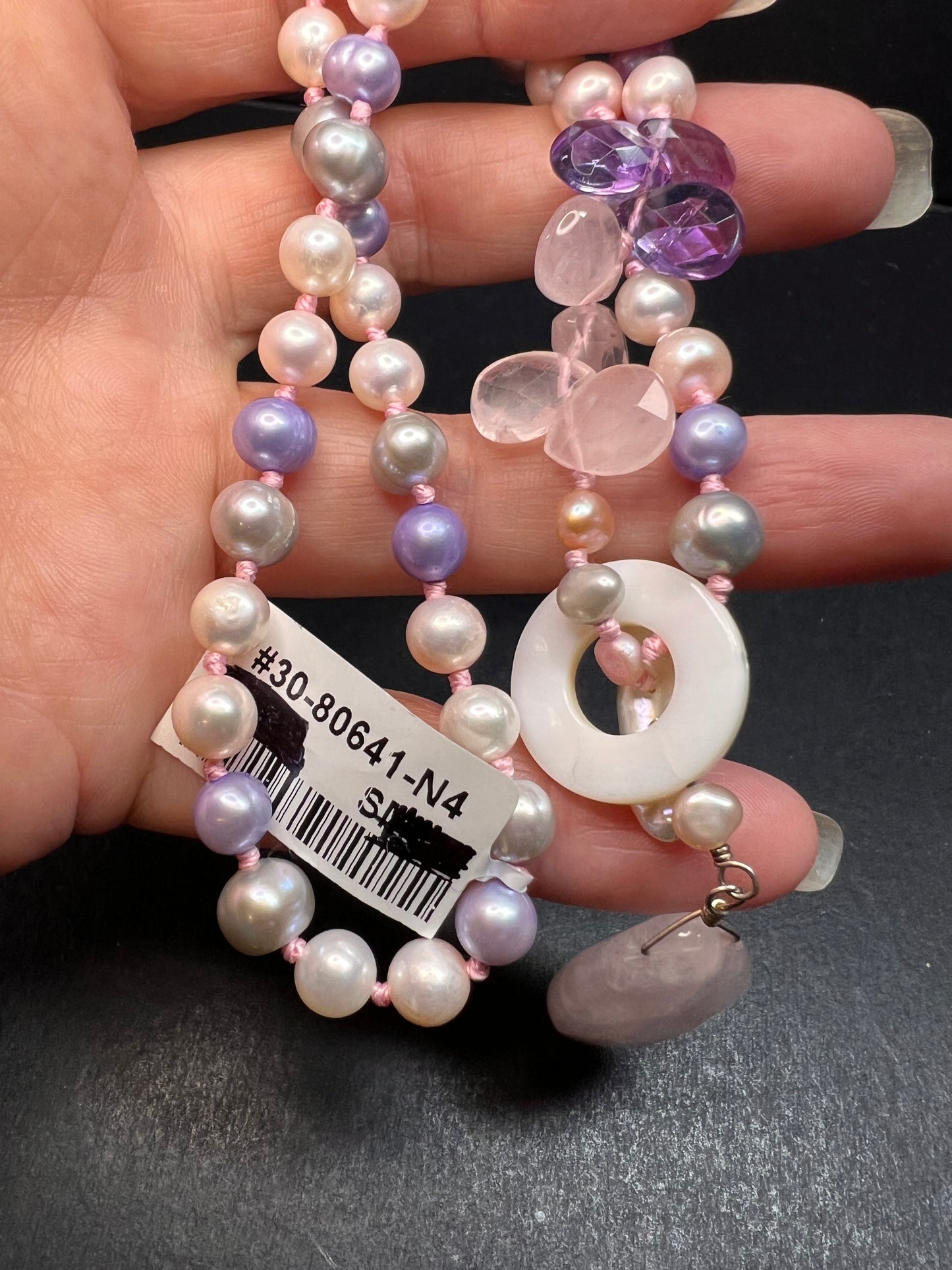 NEW multi color freshwater pearl, rose quartz and amethyst necklace