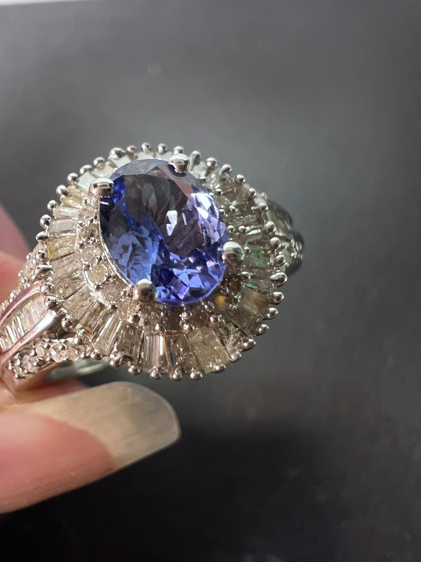 AAA Tanzanite and Diamond  Double Halo Ring in Platinum Over Sterling Silver, Oval Engagement Ring size 10