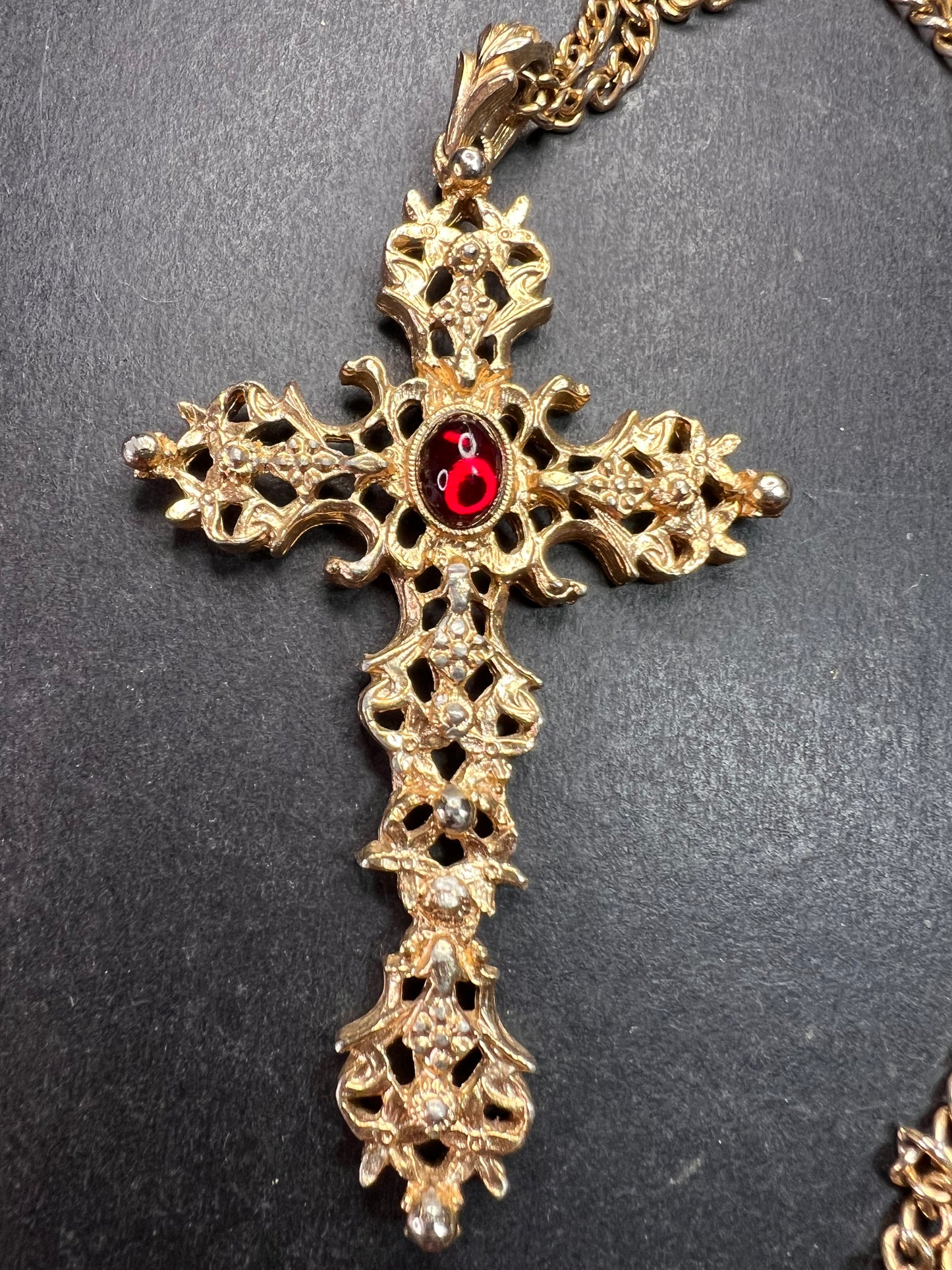 Vintage Avon Red Cabochon Filigree Cross Necklace 24”
