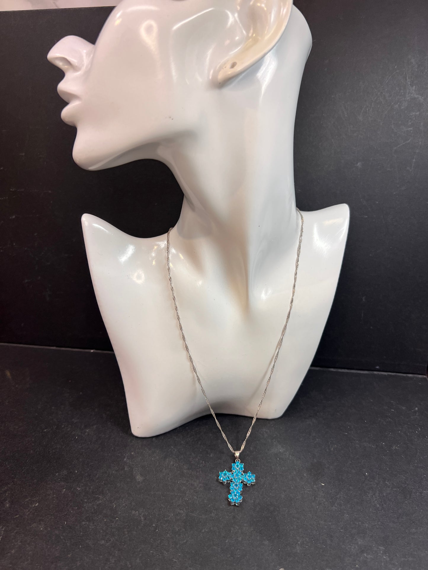 Neon Blue Apatite Rhodium Over Sterling Silver Cross Pendant With Chain 3.25ctw