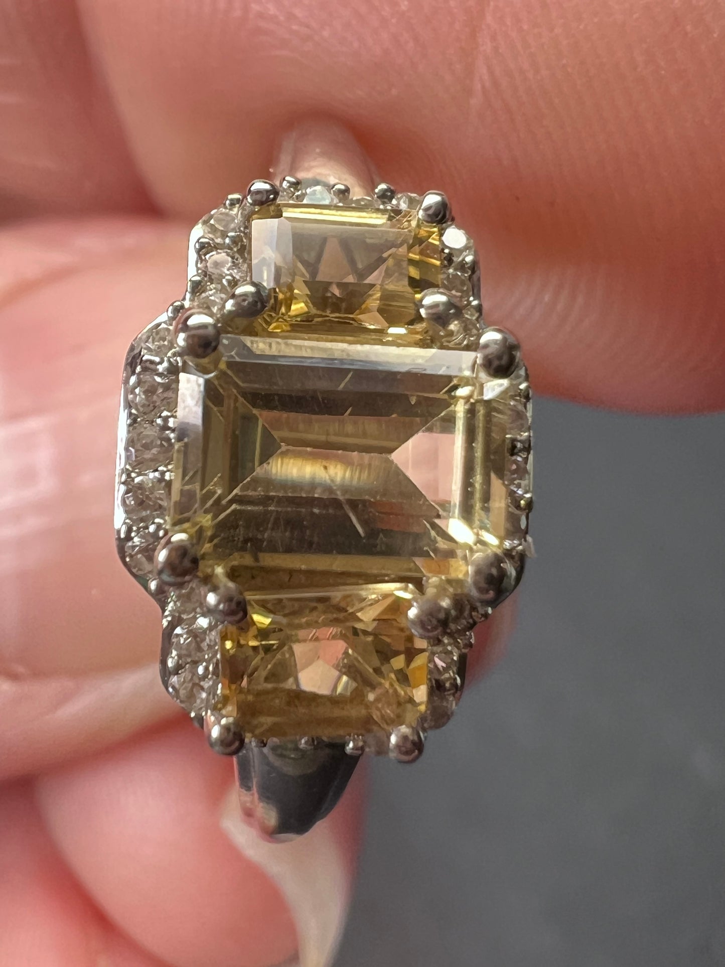 Citrine triple baguette halo ring in sterling silver size 7