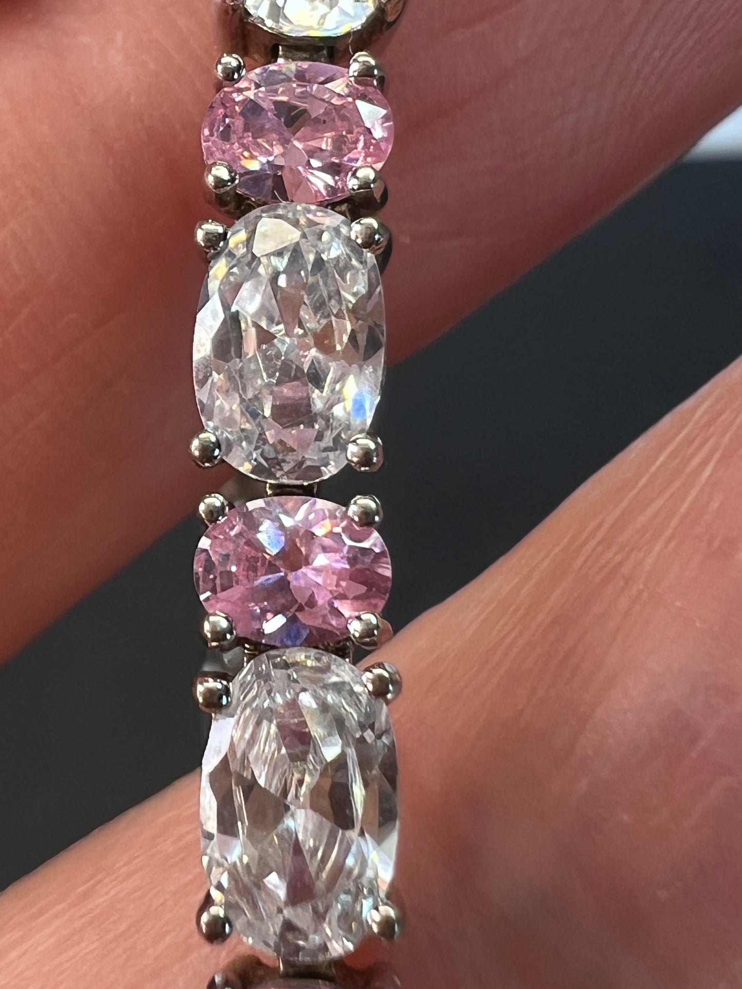 Pink and white cubic zirconia sterling silver 7 inch bracelet