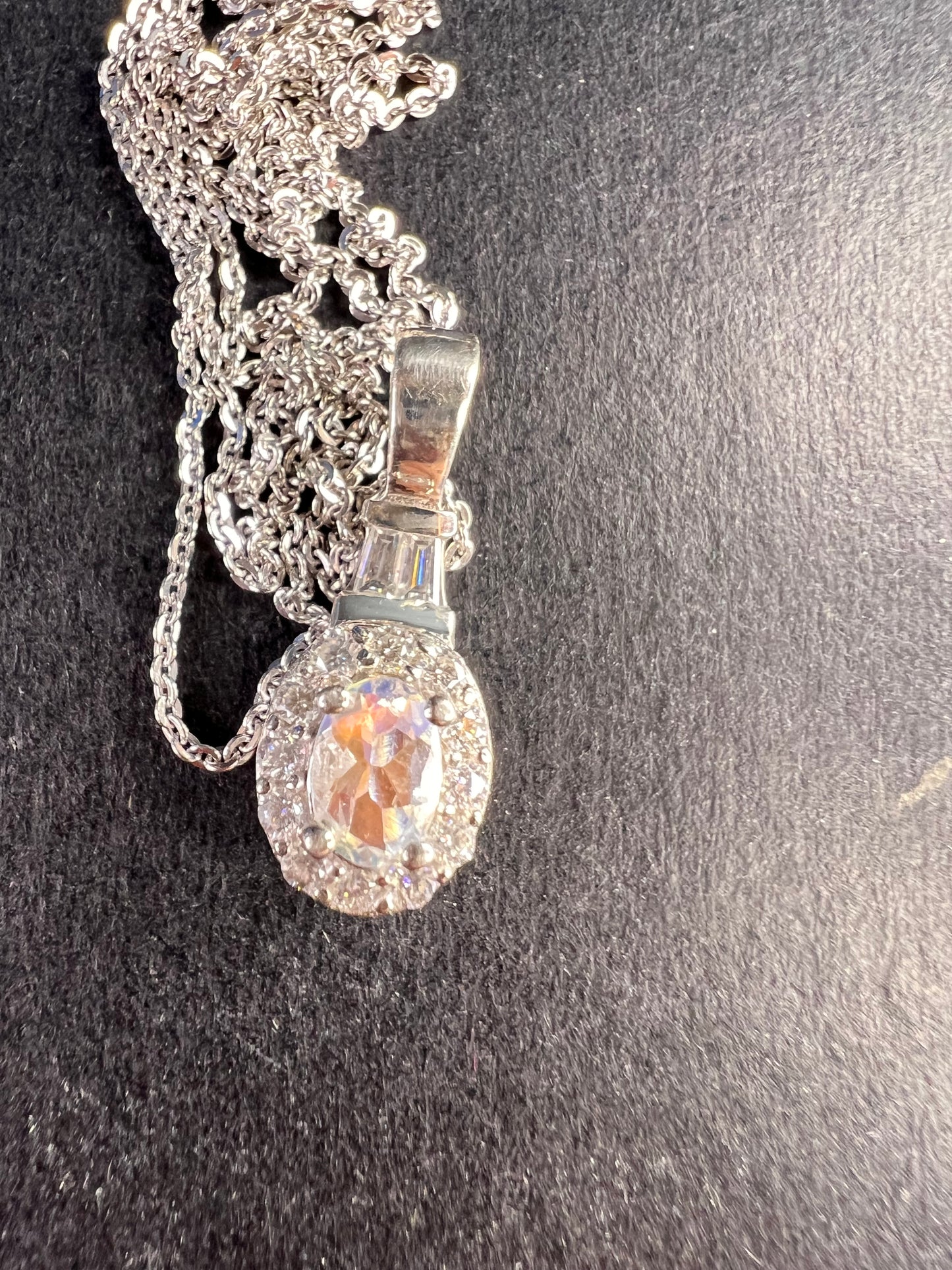 NEW gemmy moonstone and moissanite halo pendant in rhodium over sterling silver