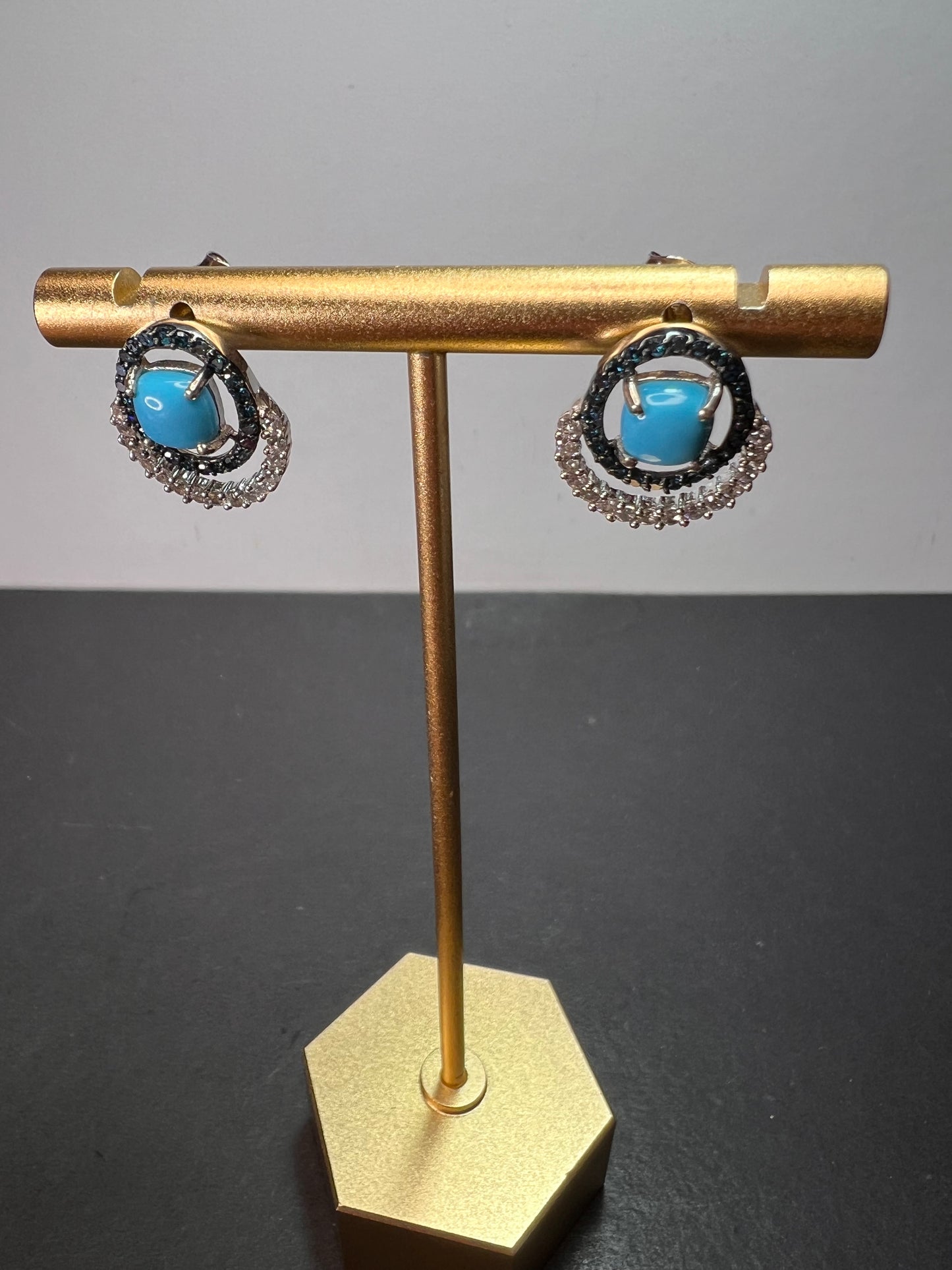 Sleeping Beauty turquoise and blue diamond double ring earrings in platinum over sterling silver