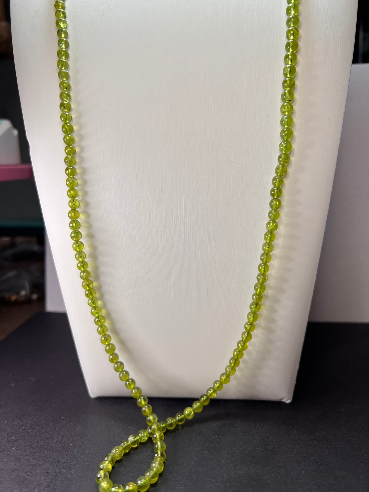 6mm high grade peridot beaded 36 inch necklace with sterling silver clasp