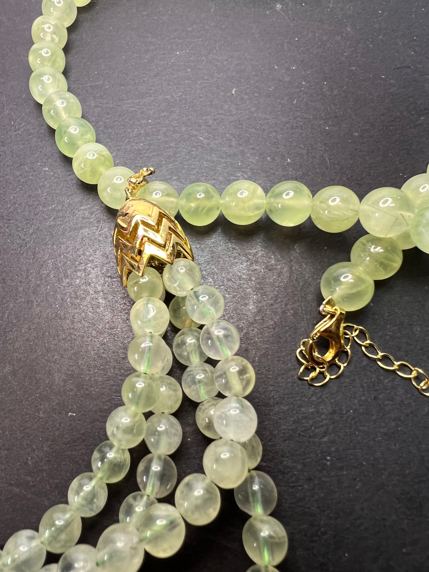 Prehnite beaded 24 inch necklace with removable tassel pendant and gold over sterling silver lobster clasp and extender