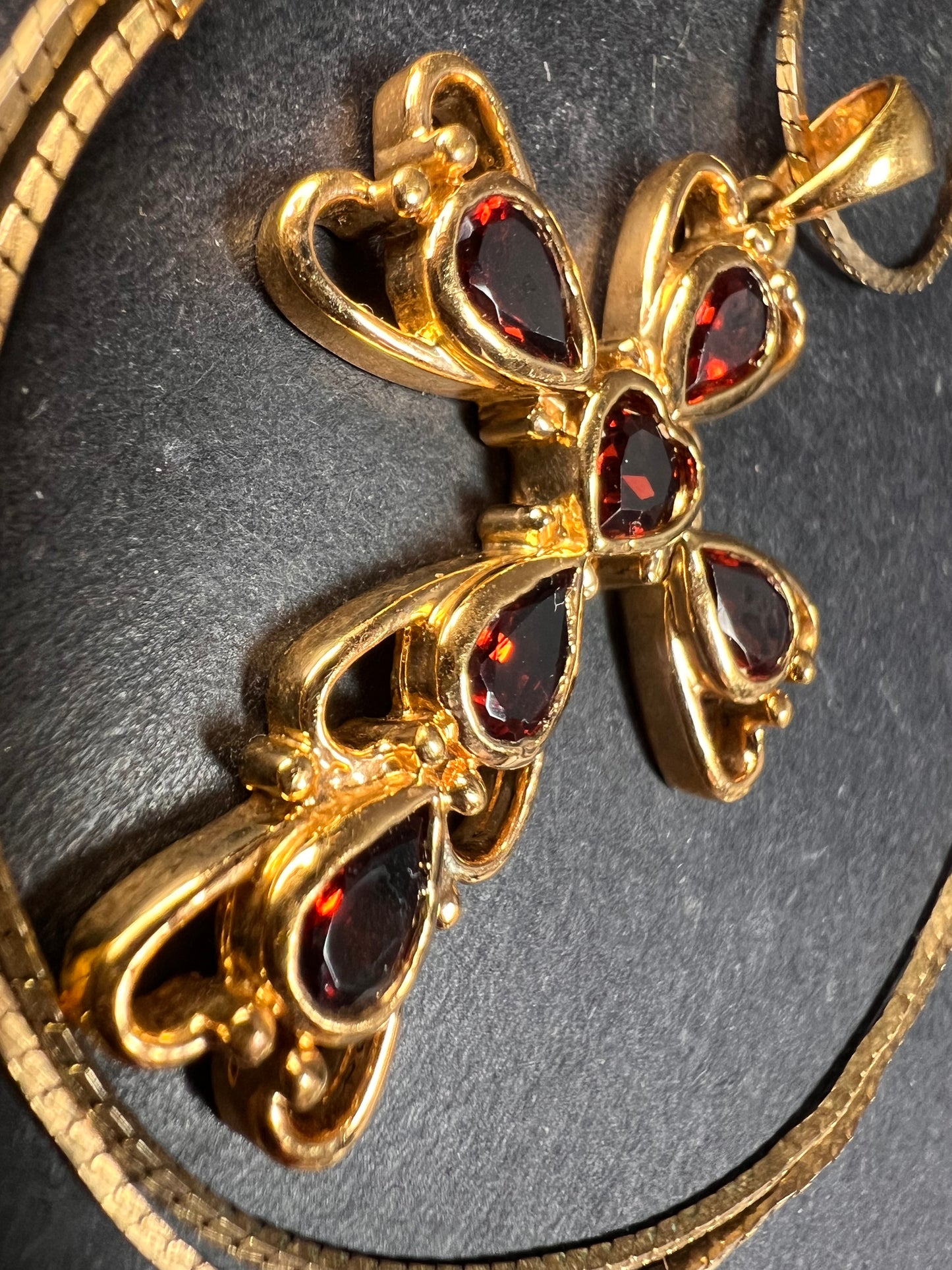 Vintage SETA Garnet Cross Pendant Necklace Gold Tone 24”