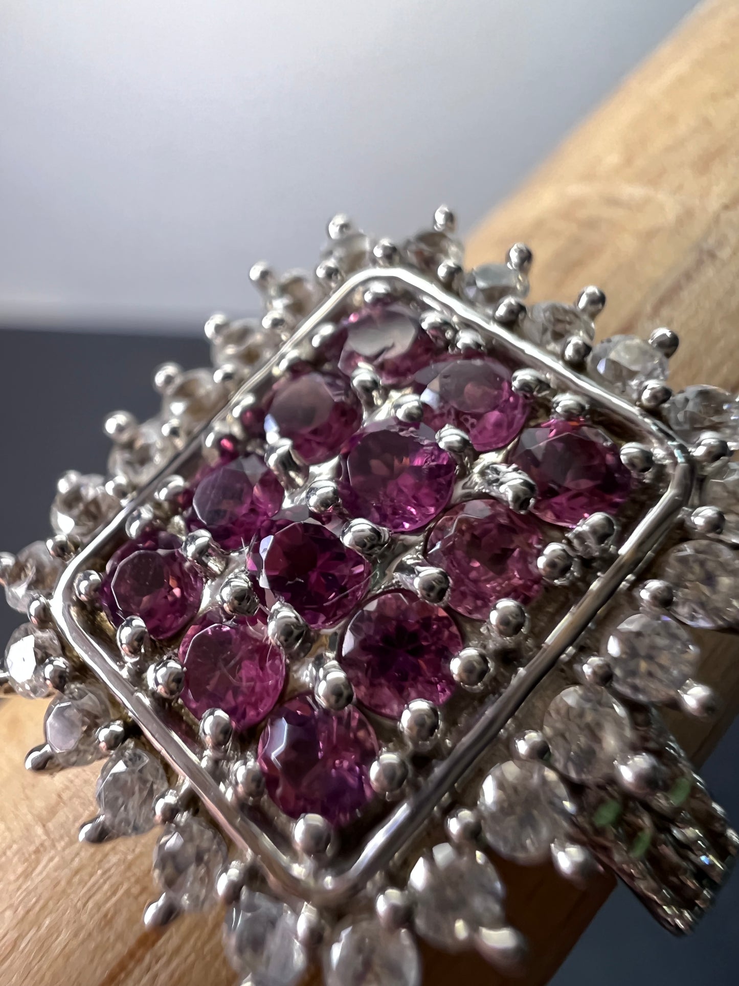 Pink tourmaline and white topaz sterling silver cluster ring size 9