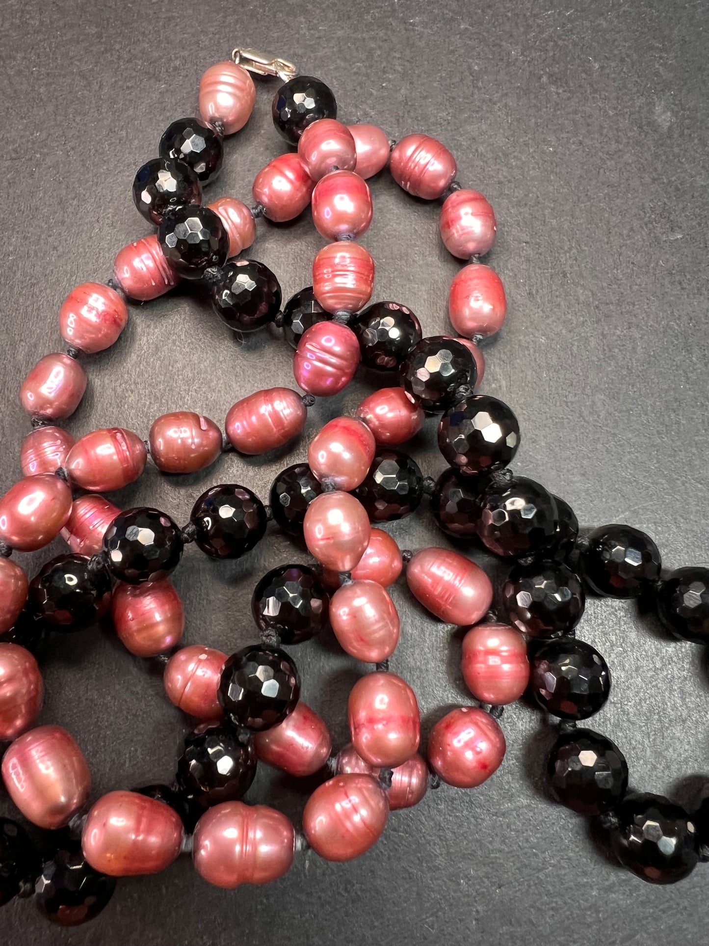 NEW freshwater pearl and black tourmaline 36 inch necklace with sterling silver clasp