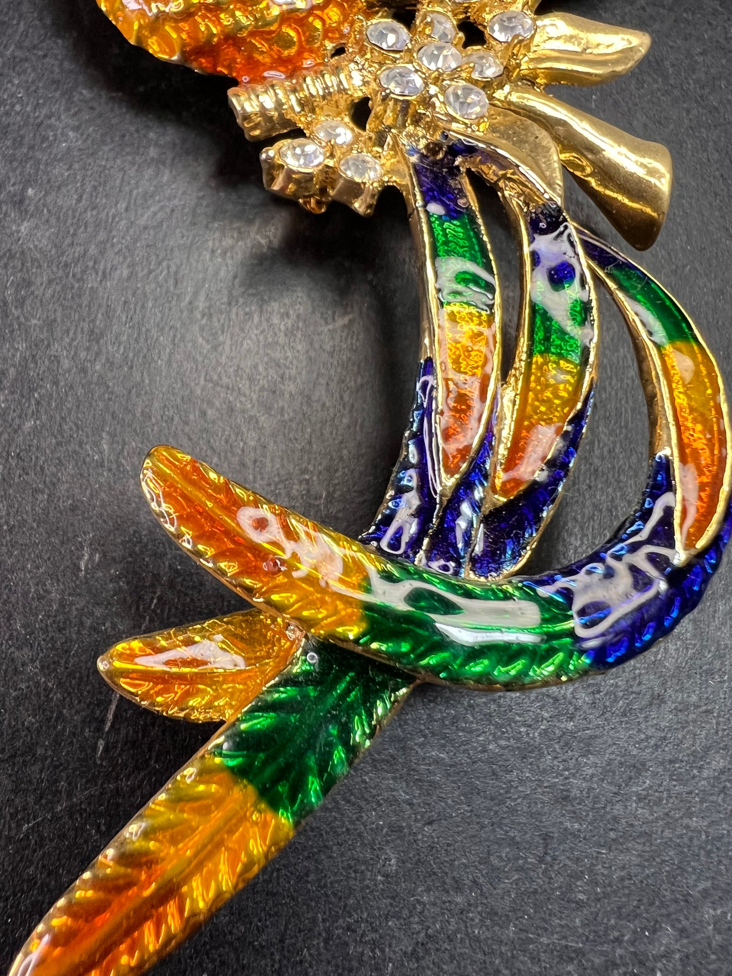 Vintage Enamel Phoenix Bird Rhinestone Statement Brooch Large Gold Tone