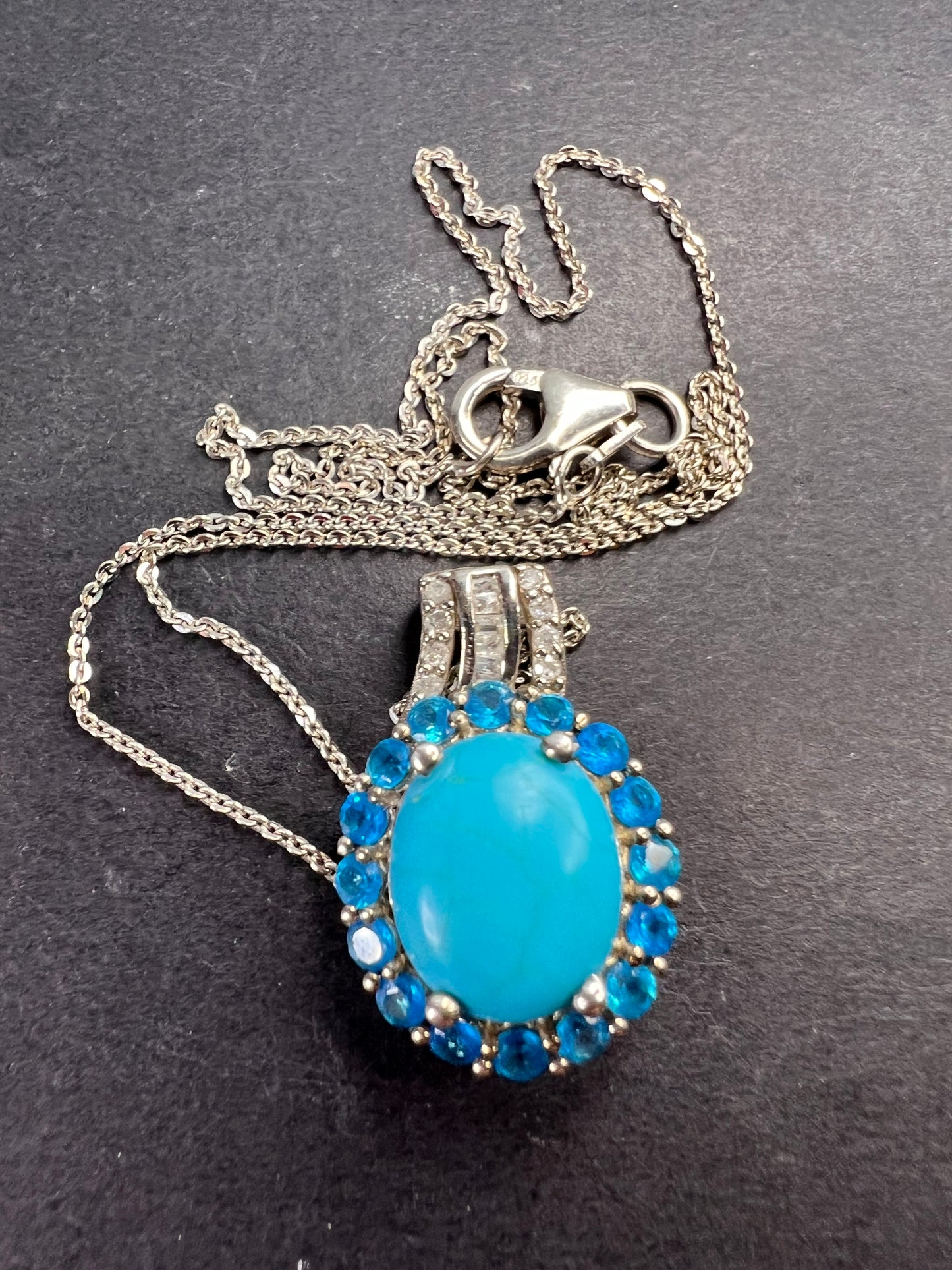 Sleeping Beauty turquoise , Malgache neon apatite and diamond halo pendant necklace in platinum over sterling silver with 20 inch chain 4.85ctw