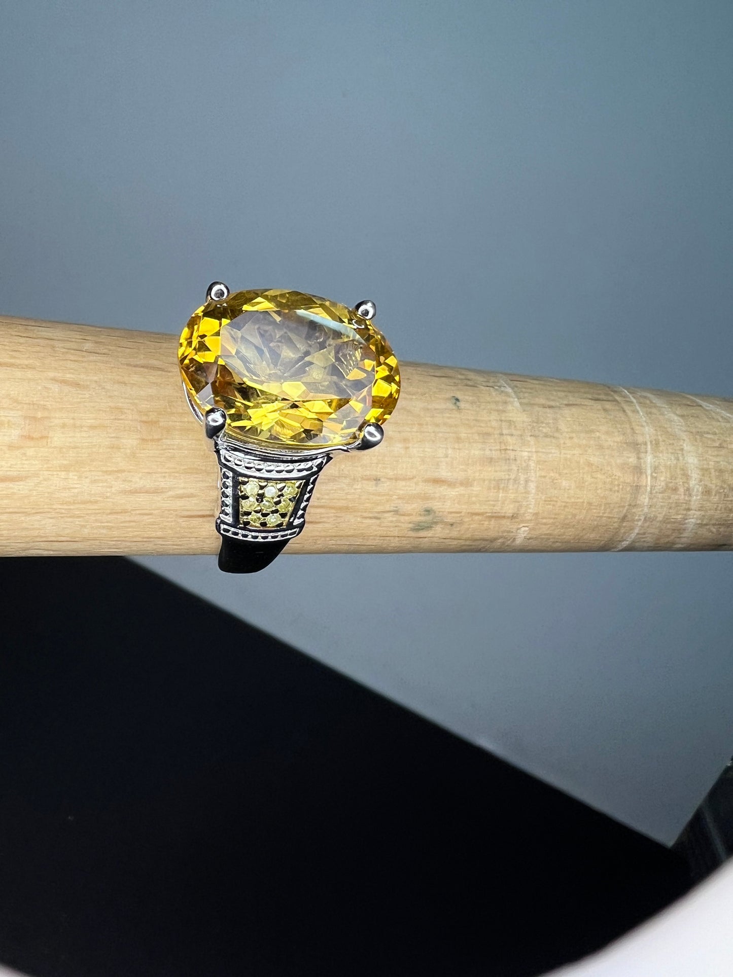 Citrine and yellow diamond ring in sterling silver size 10. 7.55 ctw