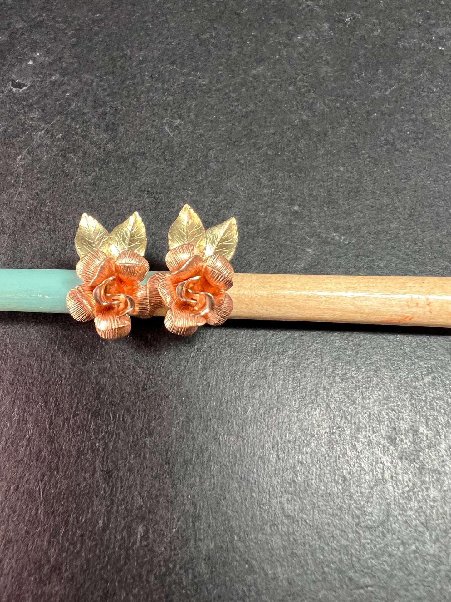 Vintage Krementz Rose and yellow gold tone Flower Leaf Screw Back Earrings