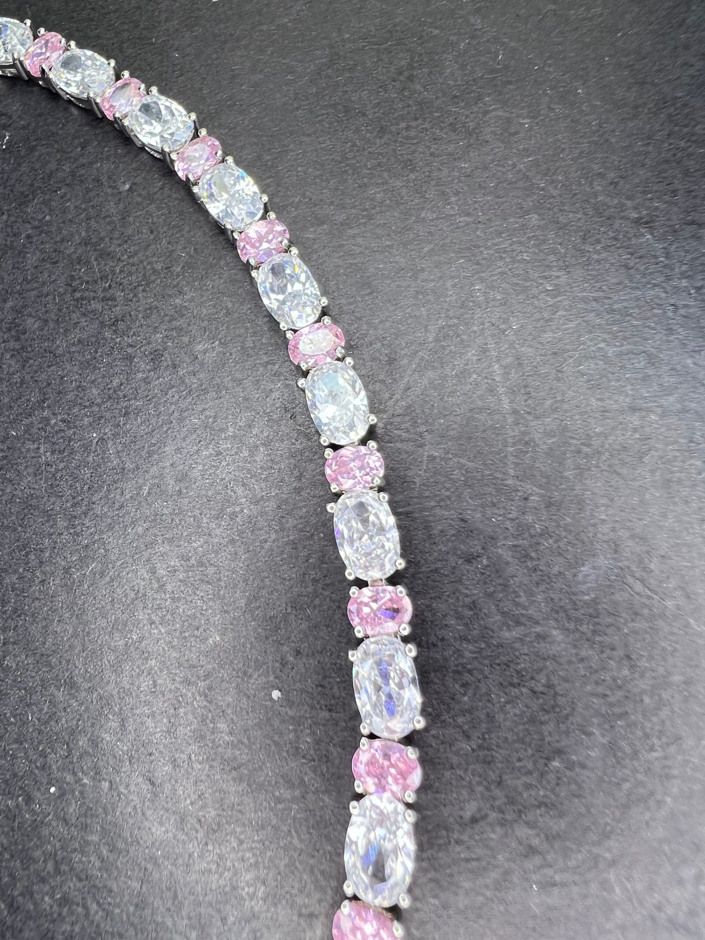 Pink and white cubic zirconia sterling silver 7 inch bracelet