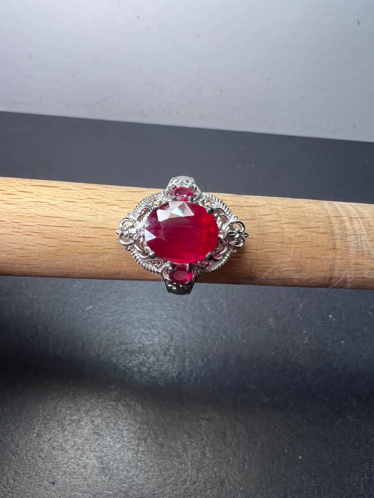 Ruby and white topaz sterling silver cocktail ring size 9