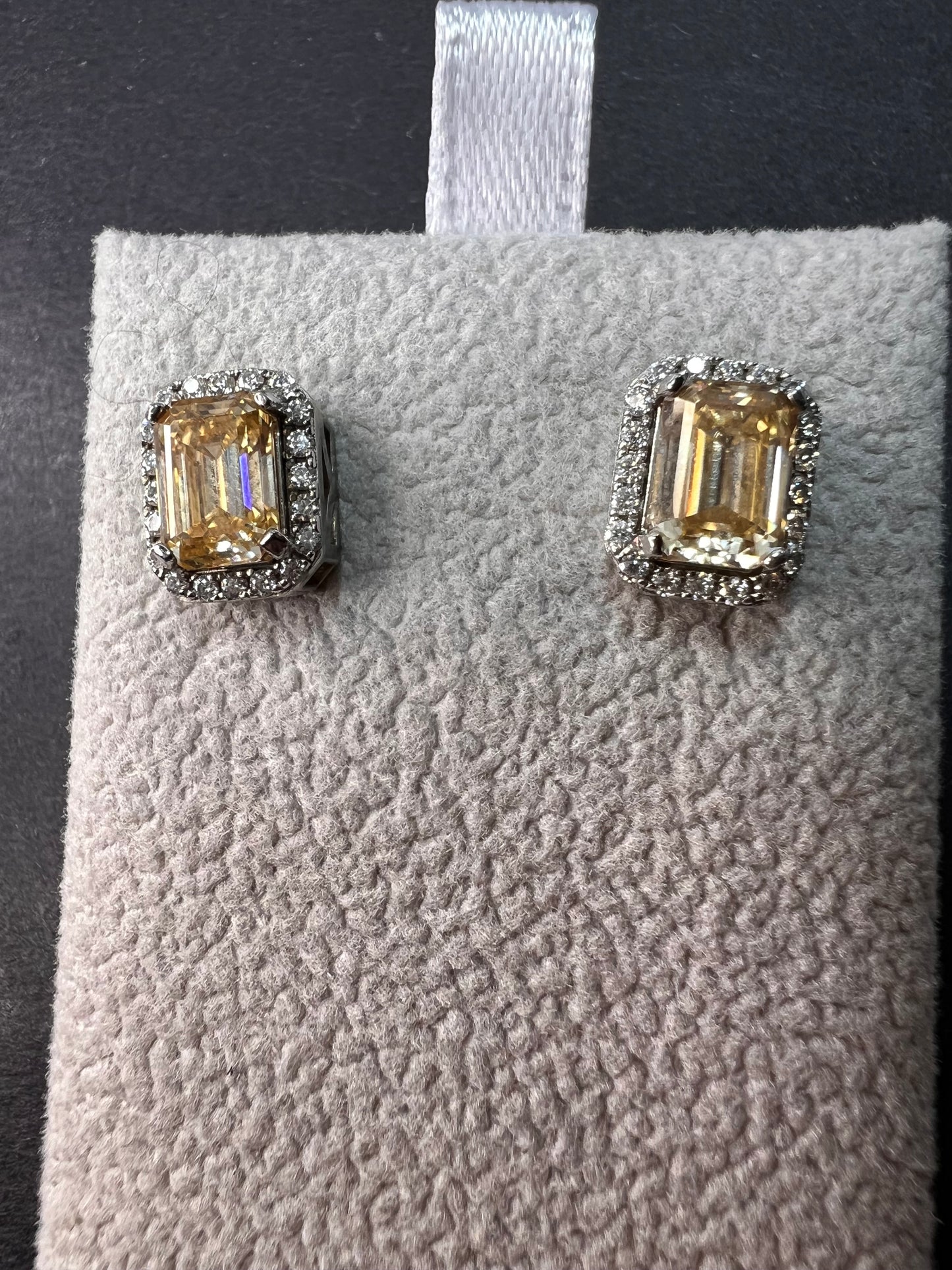 Yellow and white moissanite halo stud earrings in rhodium over sterling silver 2.35ctw