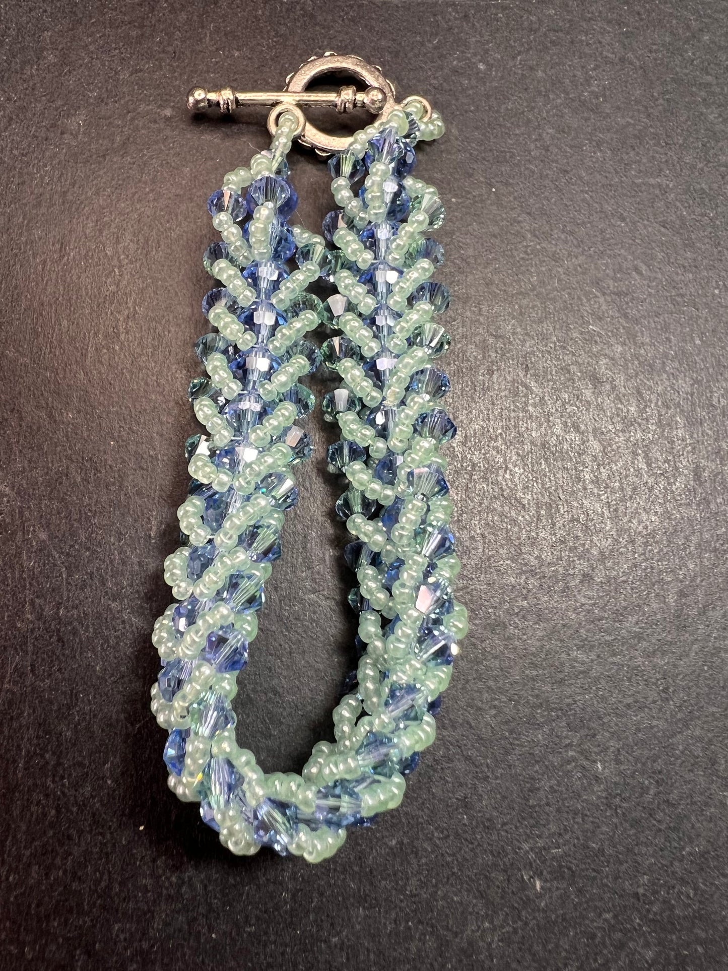 Vintage Blue & Green Crystal Beaded Chevron Braid Toggle Bracelet Y2K