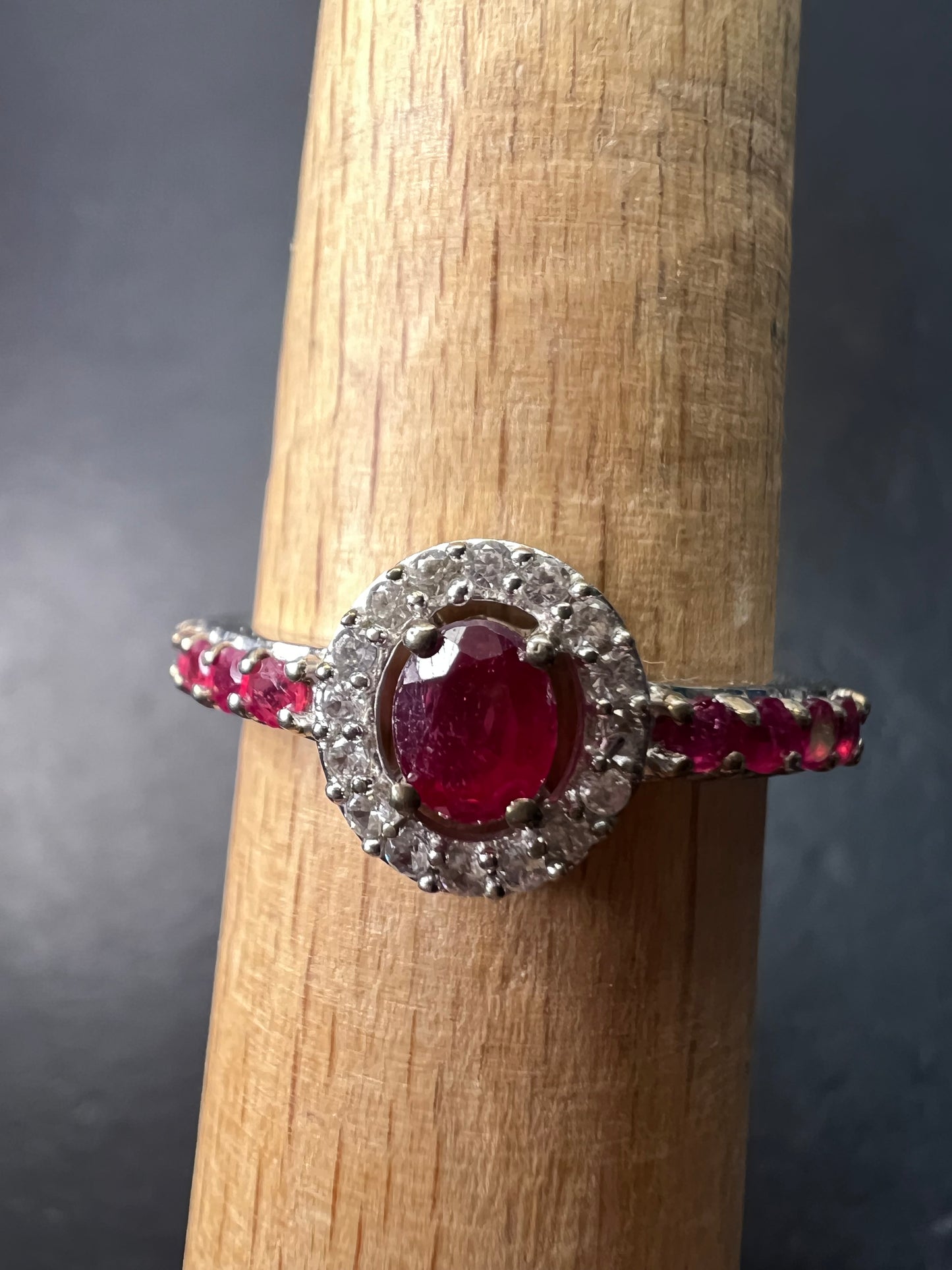 Ruby and zircon sterling silver halo ring size 9