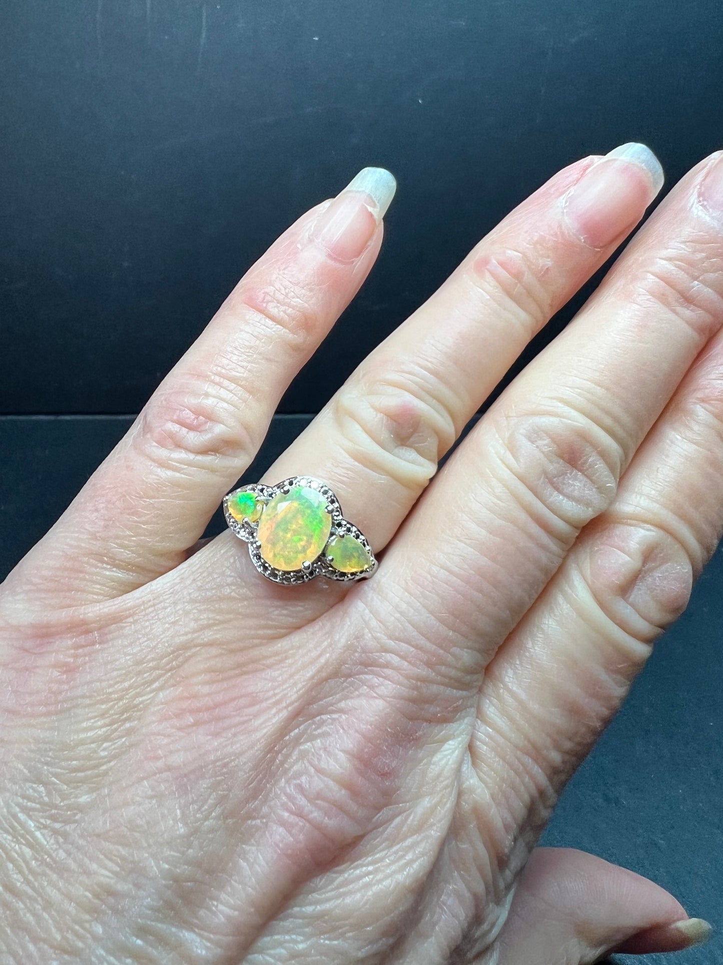 Ethiopian Opal Sterling Silver Halo Ring Size 6
