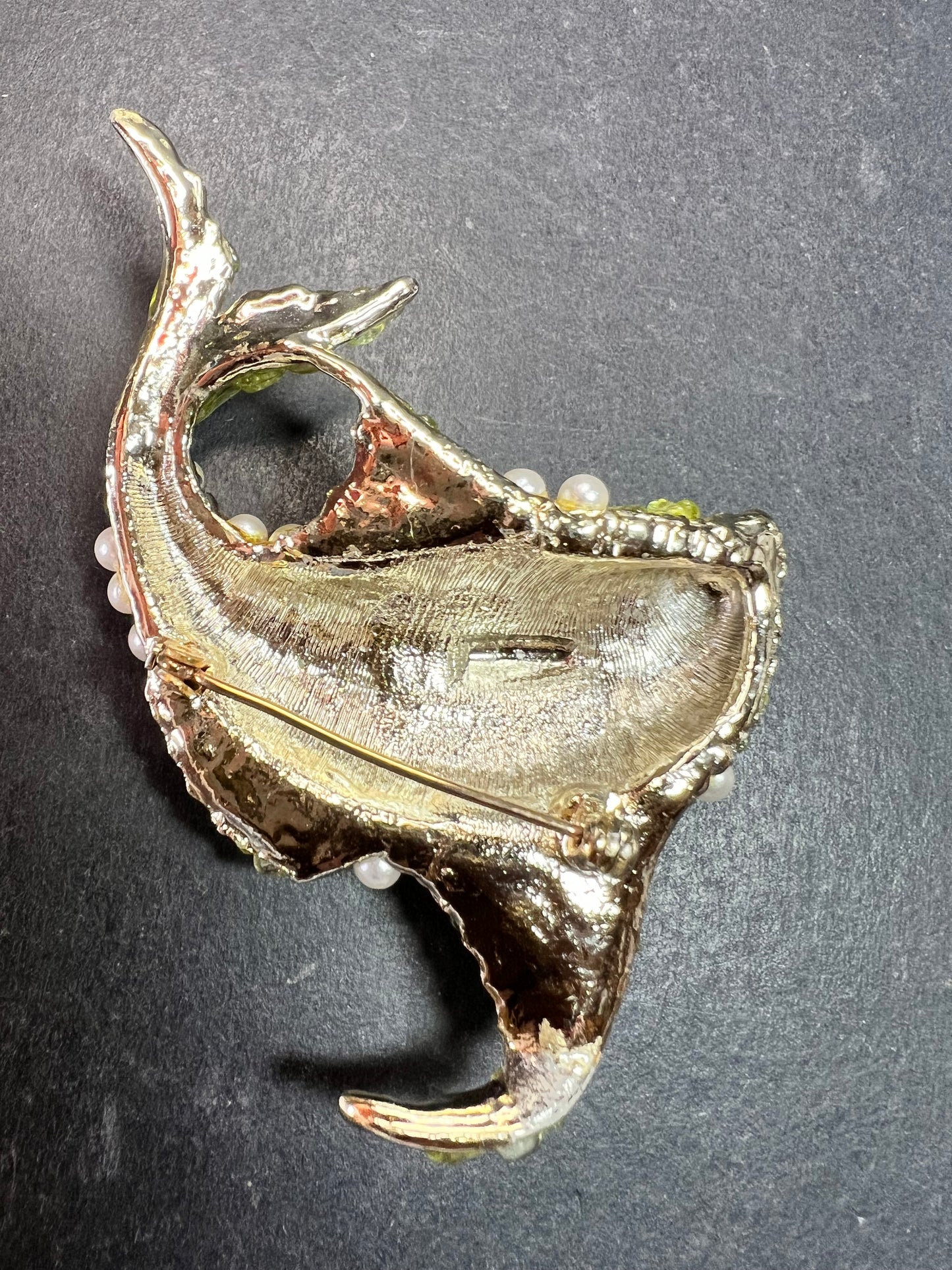 Vintage Faux Pearl & Genuine Peridot Fish Brooch Statement Pin
