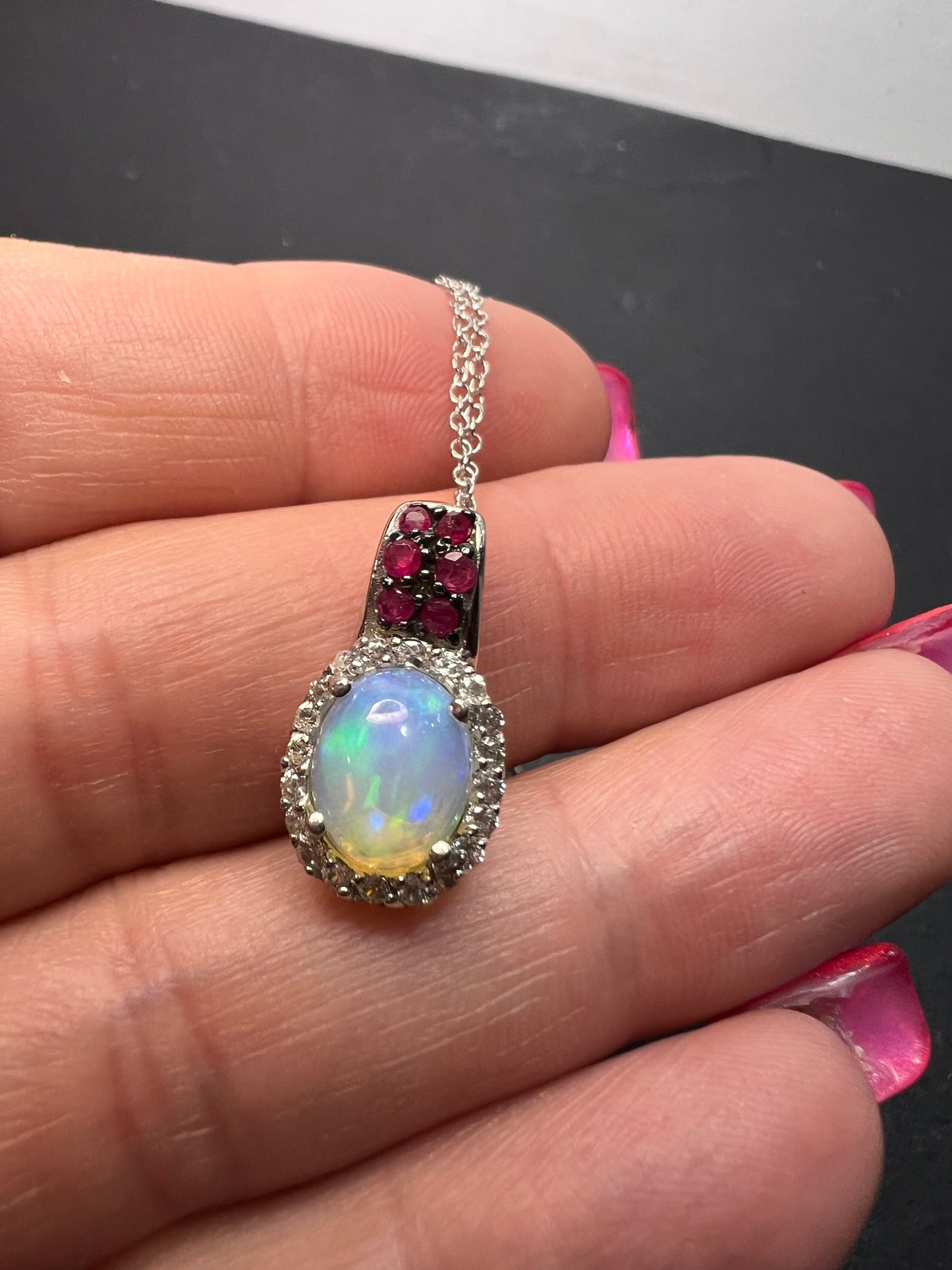 Ethiopian opal, ruby and zircon pendant and chain in platinum over sterling silver *NEW*