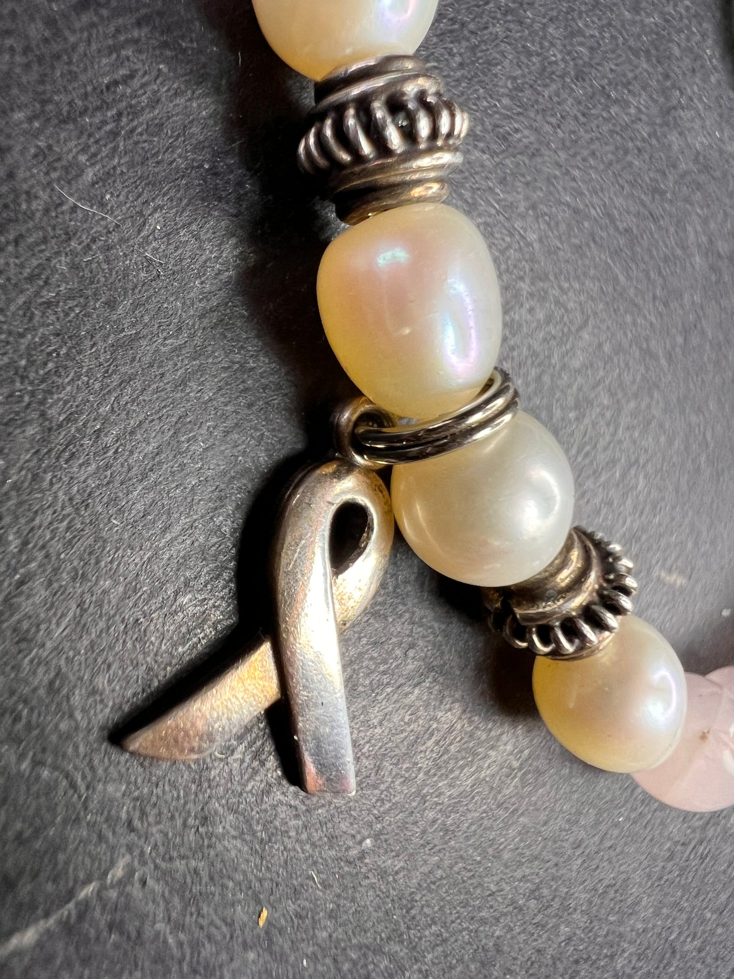 Vintage rose quartz, freshwater pearls, and sterling silver breast cancer awareness bracelet