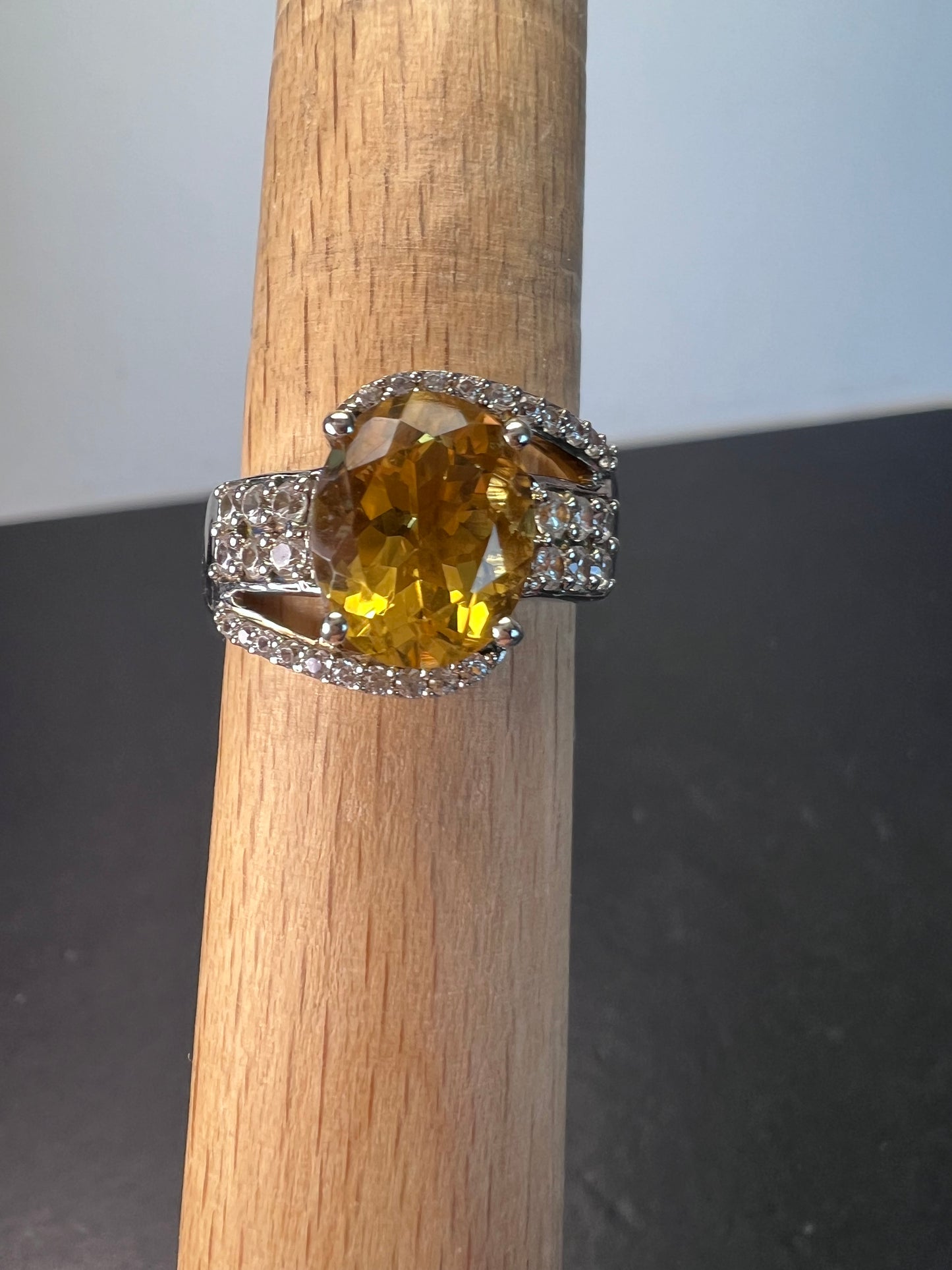 Citrine and white topaz rhodium over sterling silver ring size 9