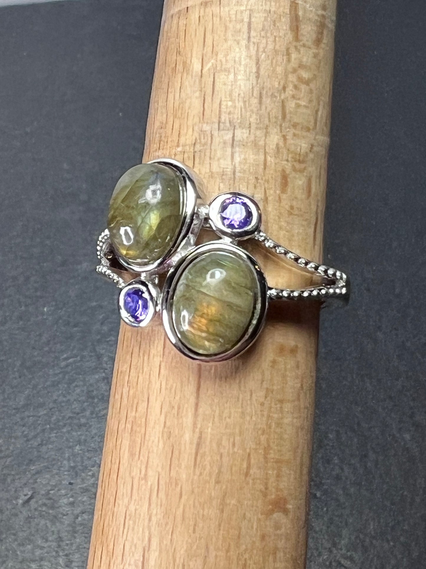 Labradorite and purple CZ sterling silver ring size 9