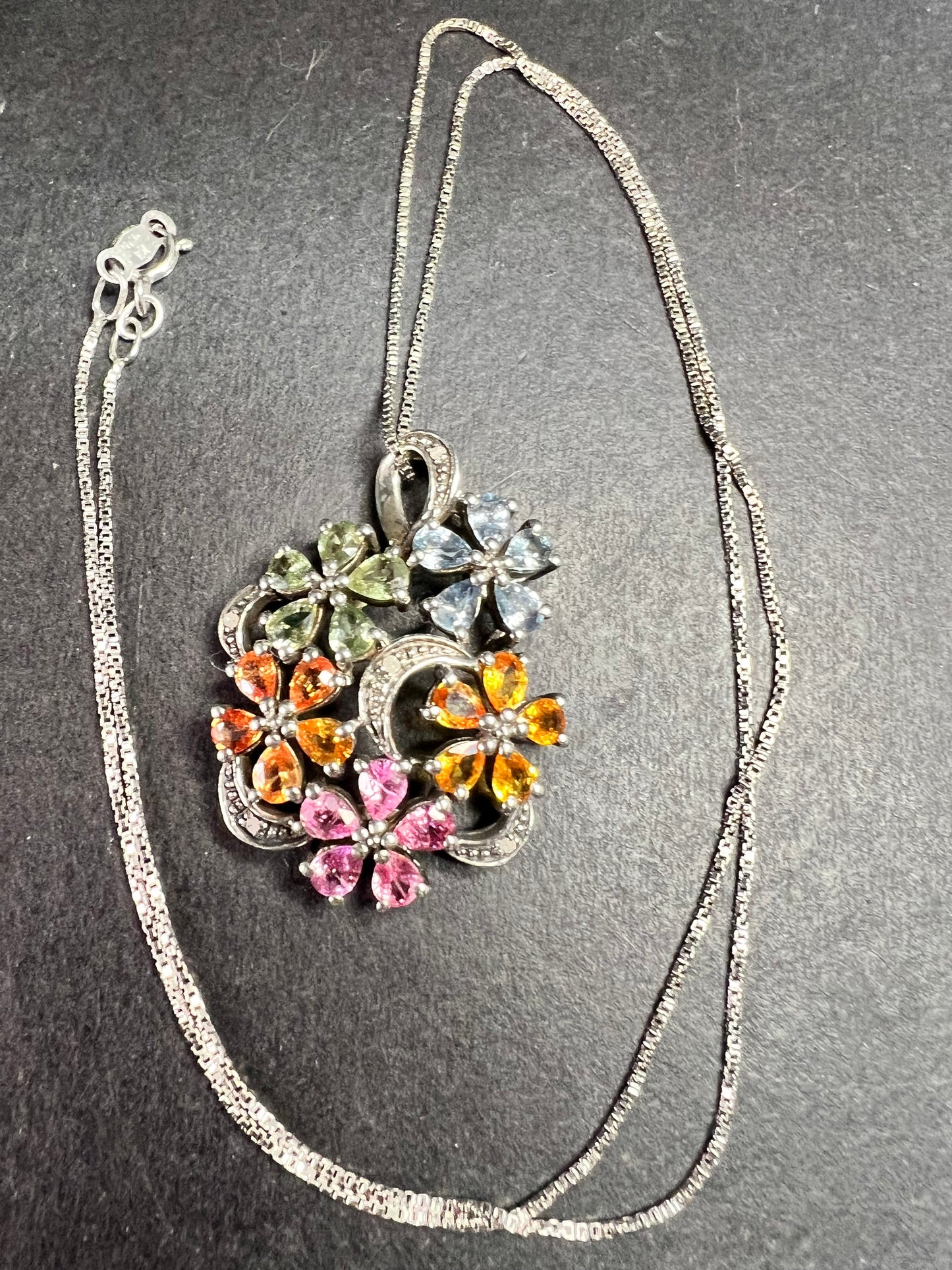 Vintage Sterling Silver Multi Sapphire & Diamond Flower Pendant