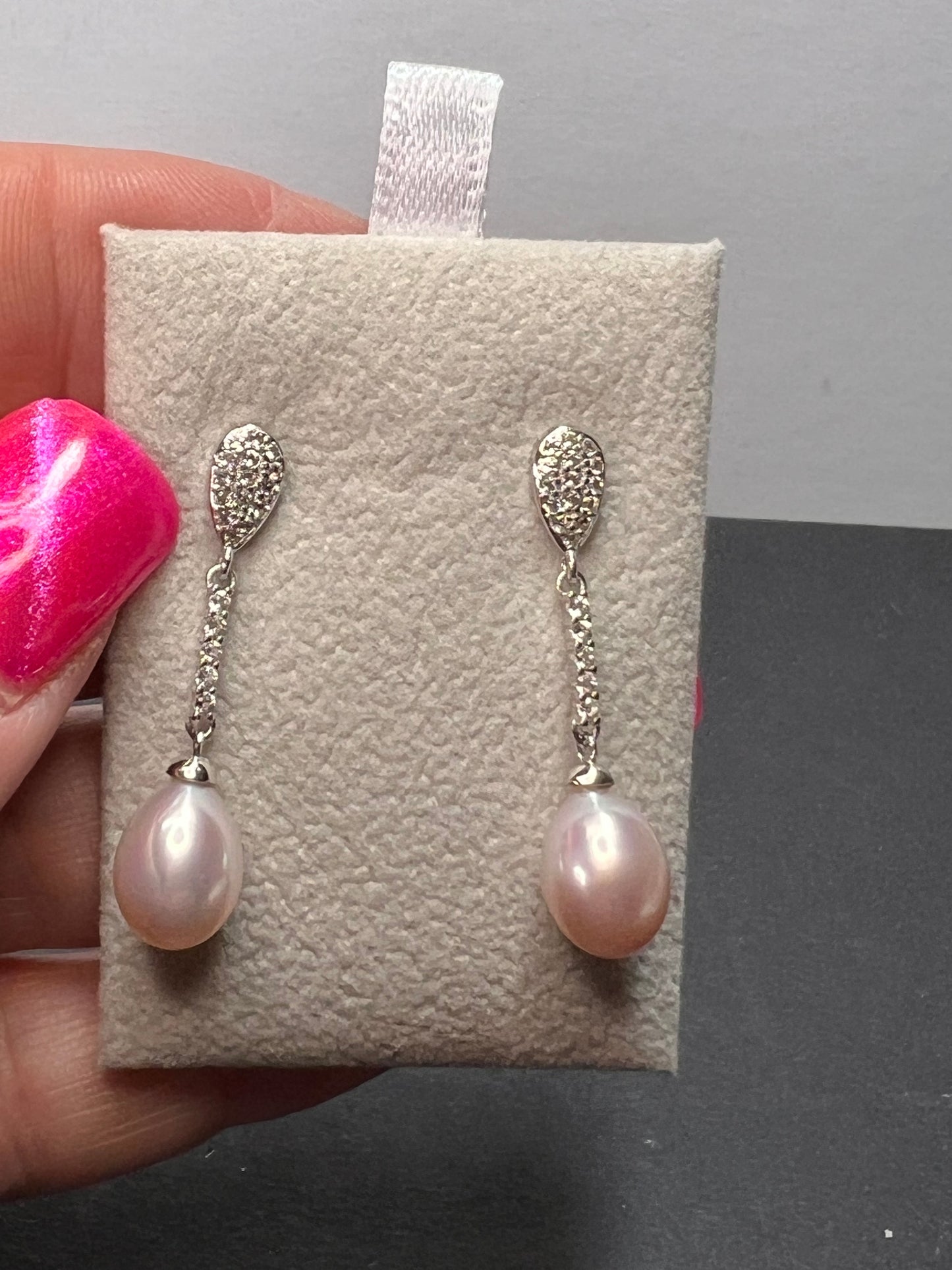 Cultured Freshwater Pearl And White Topaz Rhodium Over Sterling Silver Drop Earrings