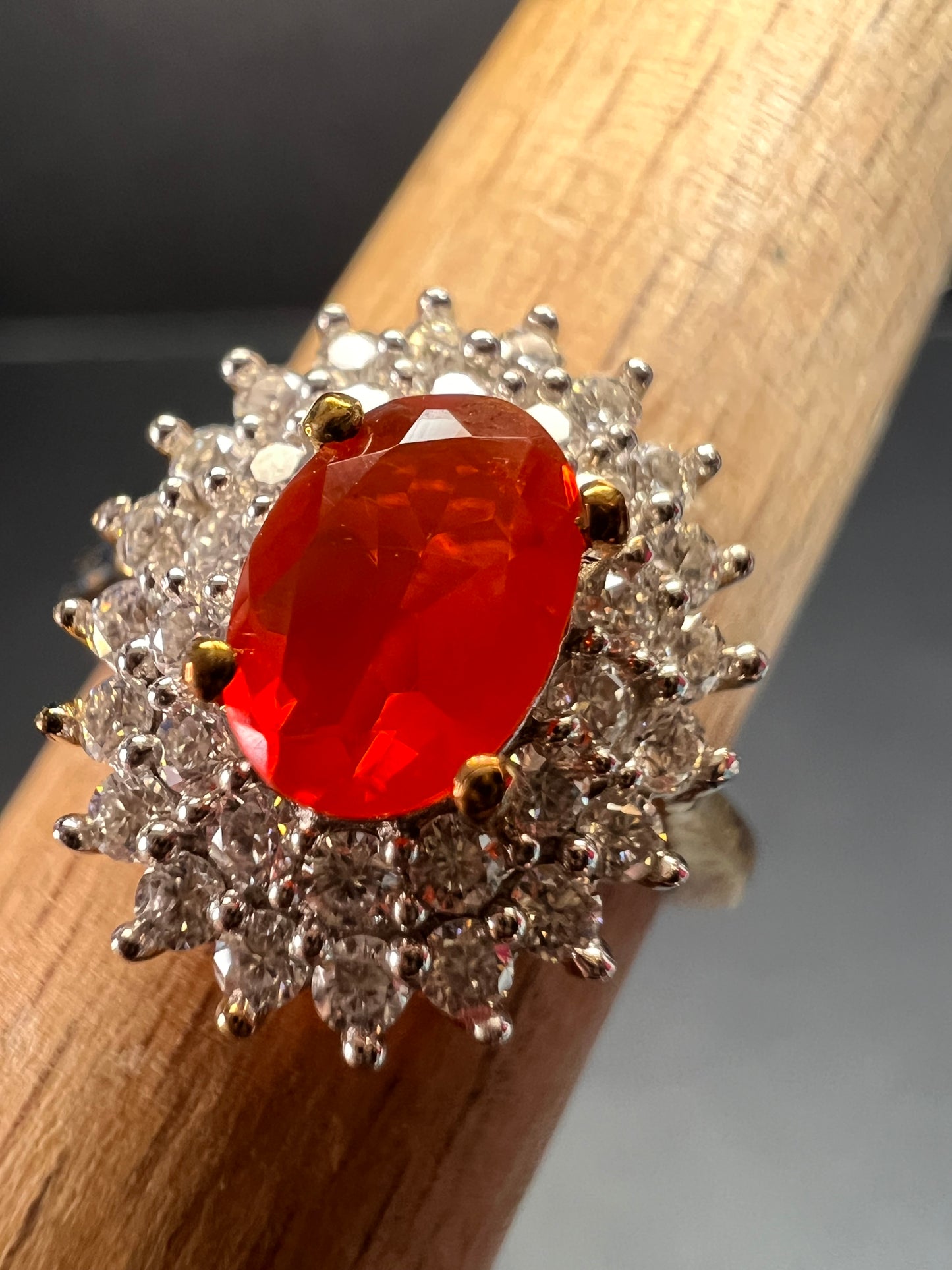 NEW Mexican Cherry fire opal and moissanite double halo ring in vermeil yellow gold over sterling silver size 5