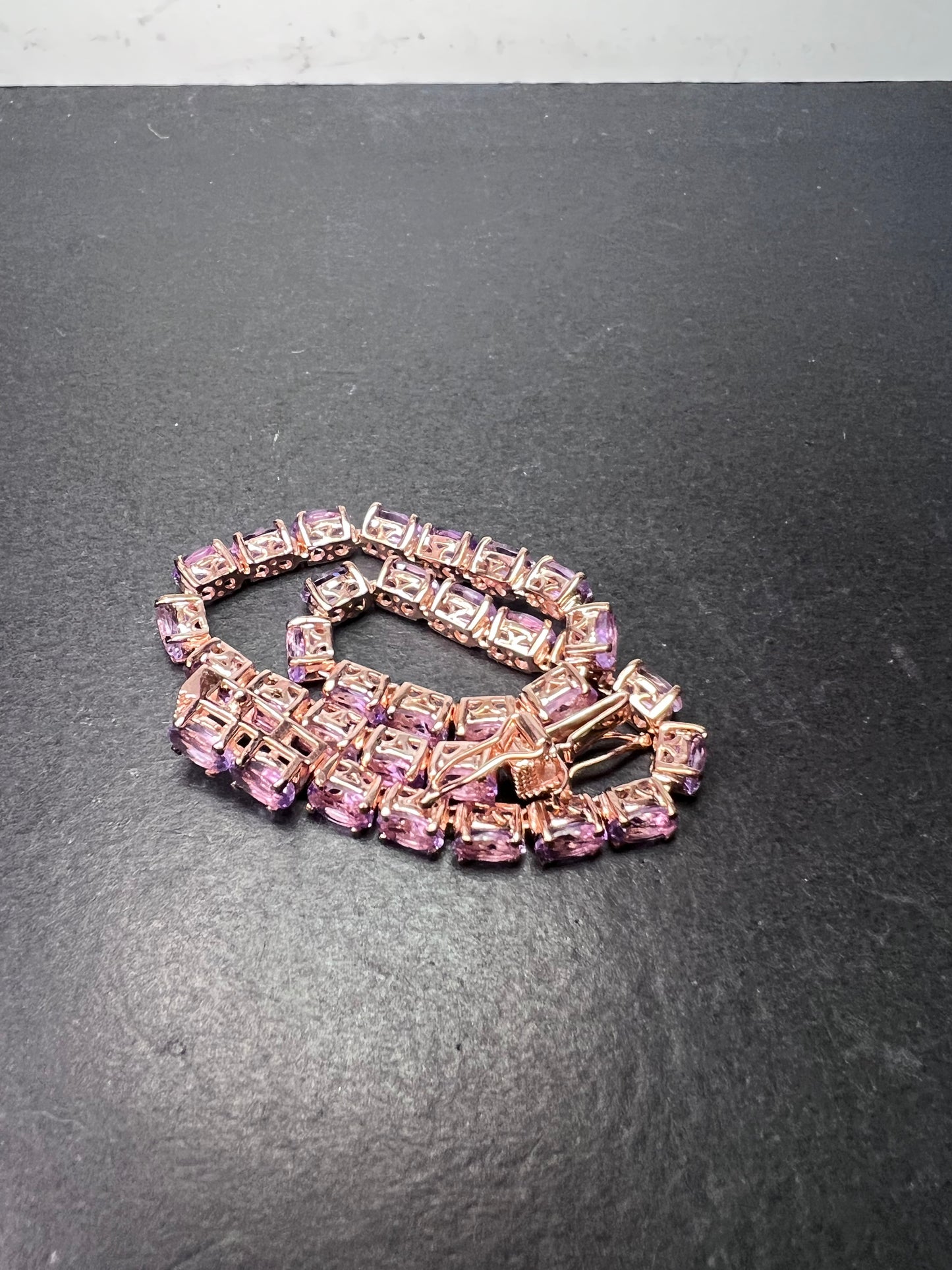 Rose de France amethyst tennis bracelet in 18k rose gold over sterling