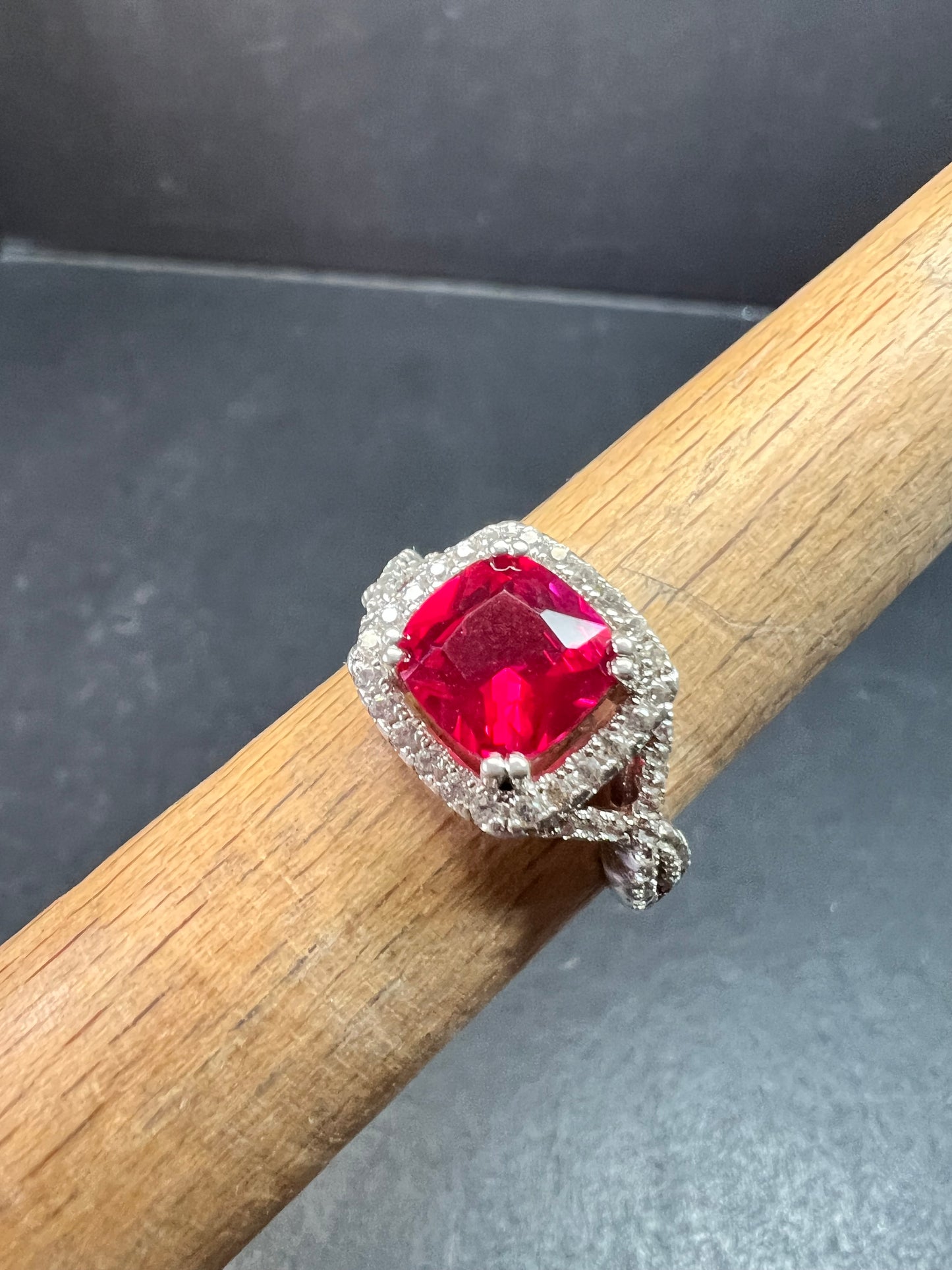 Sterling Silver Lab Ruby Halo Ring Size 7 DHJ 925