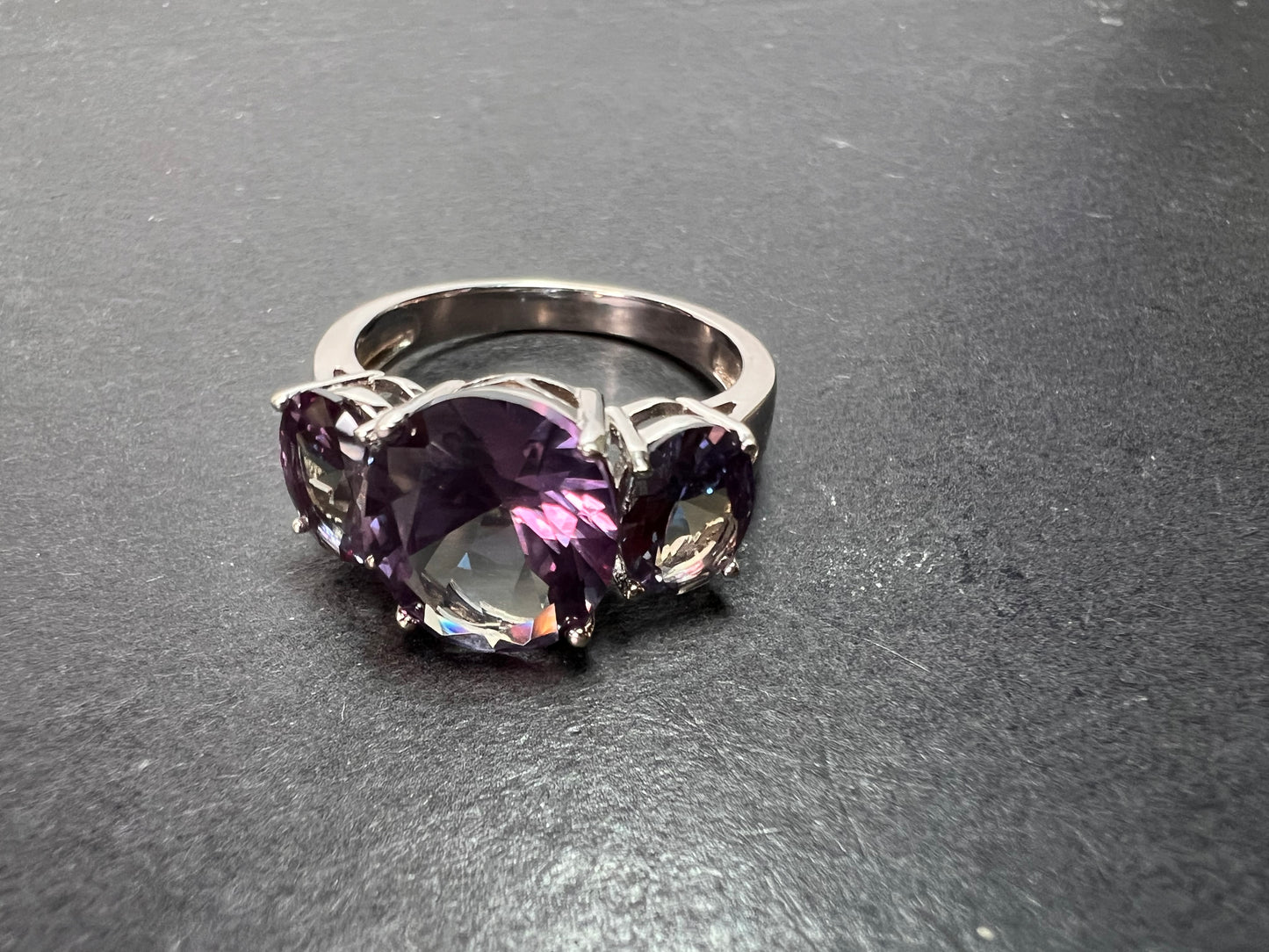 Lab created alexandrite trilogy ring in rhodium over sterling silver size 9