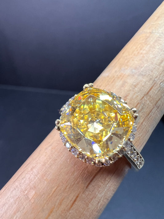 Yellow CZ halo ring in gold over sterling silver size 9